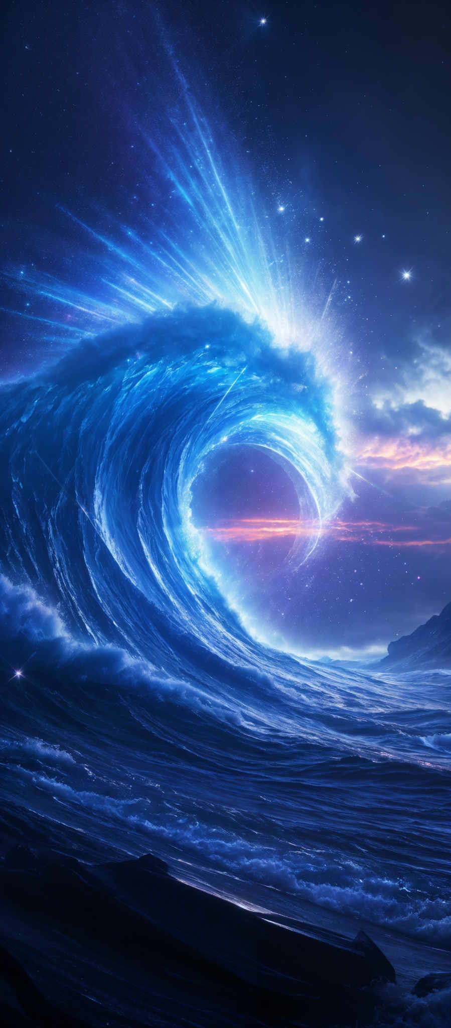 The image showcases a captivating scene of a large, swirling wave with a vibrant blue hue. The wave appears to be crashing, with its crest displaying a radiant display of light, almost as if it's emitting a glow. The background is a mix of deep blues, purples, and hints of orange, possibly representing a night sky or a celestial event. There are also small, bright specks scattered throughout, which could be interpreted as stars or distant galaxies. The overall ambiance of the image is both serene and awe-inspiring.