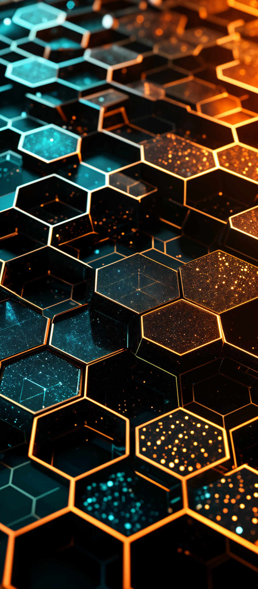 The image showcases a series of hexagonal shapes, interconnected in a pattern. The hexagons are depicted in a 3D perspective, giving a sense of depth and dimension. The colors range from deep blues and teals to vibrant oranges and golds. Some hexagones have a glittery or sparkly texture, suggesting a reflective or luminescent surface. The overall design gives a futuristic and technological vibe, reminiscent of digital or sci-fi themes.