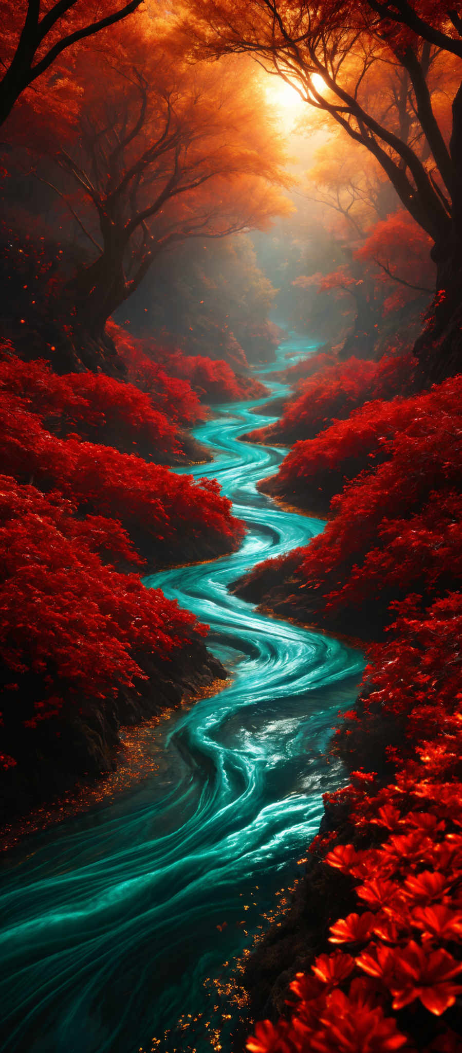 The image showcases a breathtaking natural landscape. Dominating the scene are trees with fiery red foliage, their branches reaching out in various directions. The ground is covered in a thick carpet of red leaves, creating a vibrant contrast with the turquoise-blue river that meanders through the scene. The river's water appears clear, reflecting the surrounding environment. Sunlight filters through the canopy, casting a warm, golden hue over everything. The overall ambiance is one of serenity and awe.