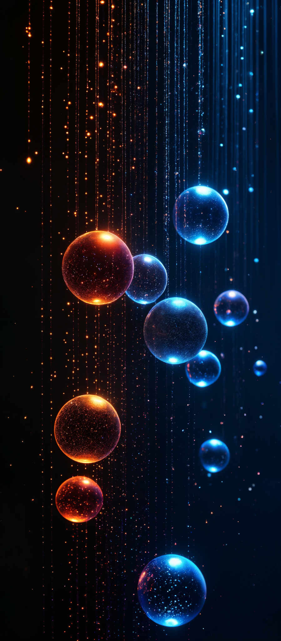 The image showcases a vibrant and mesmerizing scene of glowing orbs suspended in space. These orbs vary in size and are illuminated with a radiant light, reflecting hues of blue, orange, and purple. They appear to be suspended by thin, luminous strands that dangle downwards, creating an ethereal and otherworldly ambiance. The background is dark, which accentuates the glow of the orbs and the intricate details of the strands.