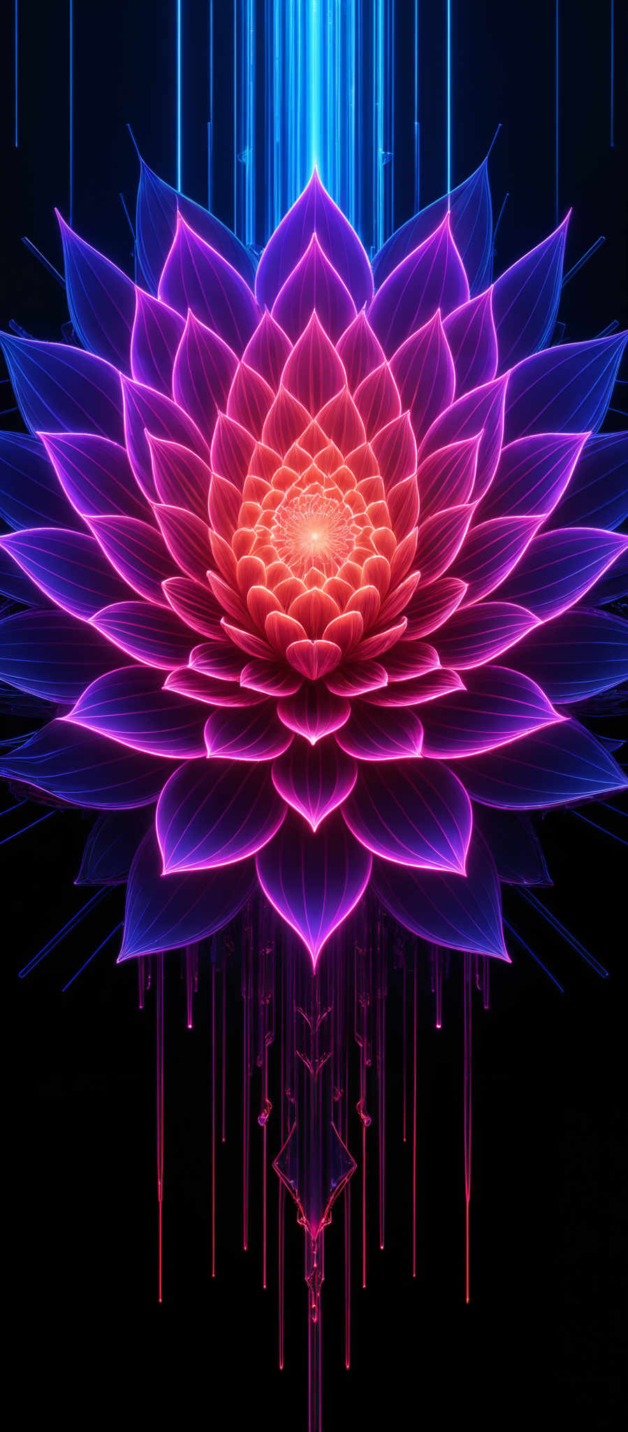 The image showcases a vibrant and intricate digital art of a flower. The flower is predominantly purple and blue, with a radiant orange-red center. The petals are layered and have a neon glow, giving them a luminescent appearance. The background is dark, which accentuates the bright colors of the flower. There are also vertical streaks of light that seem to emanate from the flower's center, adding depth and dynamism to the artwork.