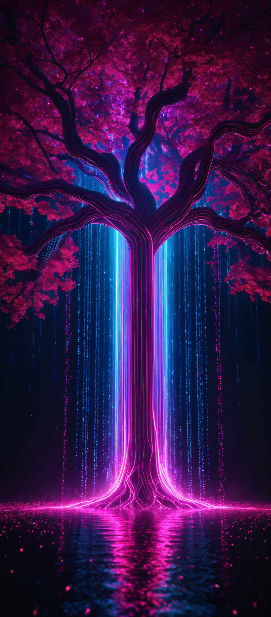 The image showcases a vibrant and mystical tree. The tree has a unique, winding trunk that emanates a radiant blue glow. Its branches sprawl out in all directions, covered in vivid pink leaves. From the tree, there are cascading streams of blue light that appear to be falling like rain, illuminating the surroundings. The ground beneath the tree reflects the tree's glow, creating a surreal and dreamlike atmosphere.