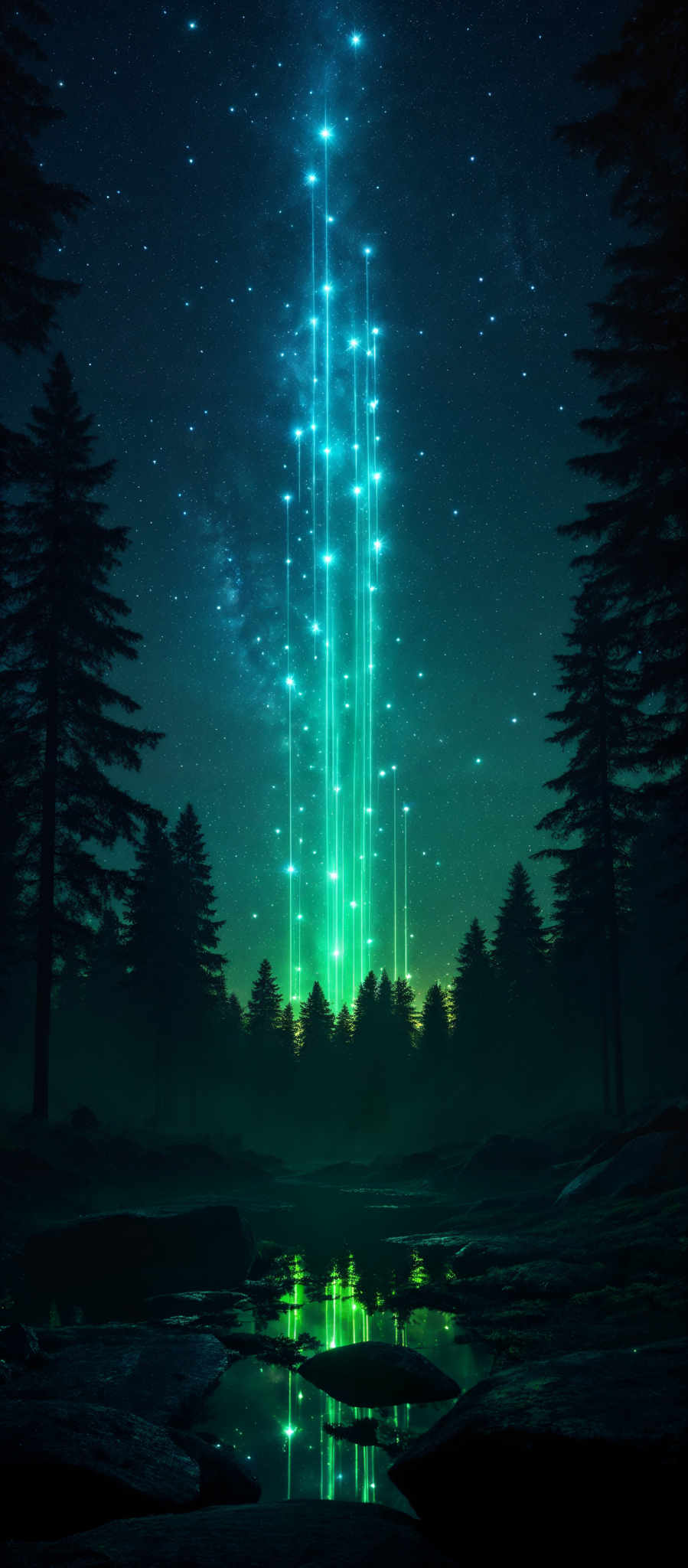 The image showcases a nighttime scene with a deep blue sky dotted with numerous stars. A unique feature is the vertical streak of luminous blue and green lights that seem to originate from the ground and ascend into the sky. These lights create an ethereal and otherworldly effect. In the foreground, there's a serene body of water reflecting the lights and the silhouette of tall trees surrounding it. The overall ambiance is mystical and tranquil.