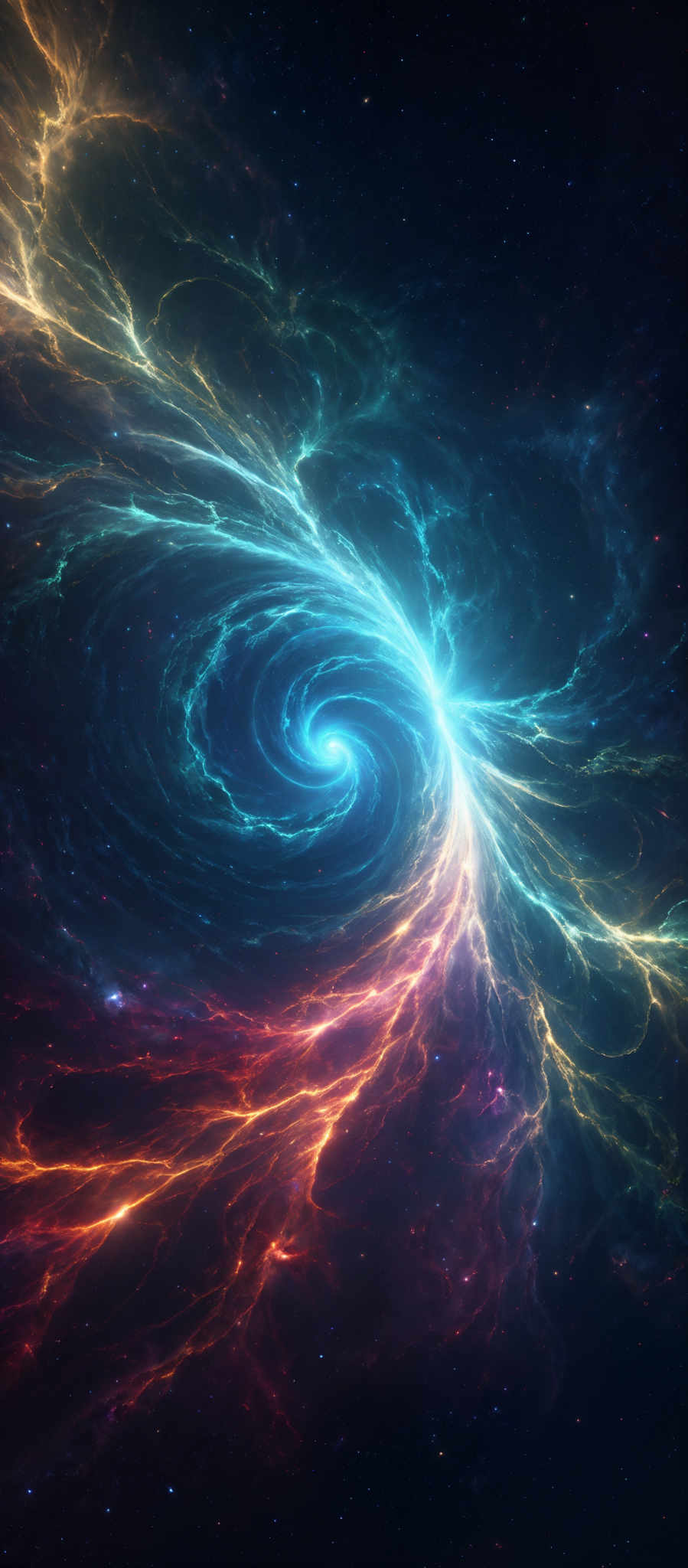 The image showcases a mesmerizing cosmic scene. It features a swirling vortex of vibrant colors, predominantly blue, teal, and fiery red-orange. The swirls seem to emanate from a central point, resembling a galaxy or a nebula. The background is dotted with numerous stars, adding depth and dimension to the cosmic vista.