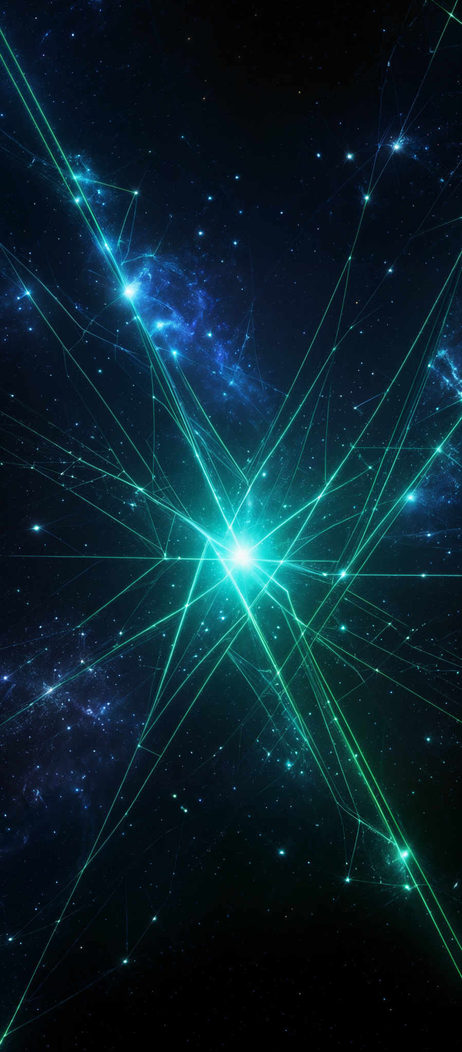 The image showcases a deep space scene with a myriad of stars scattered across the vast expanse. Dominating the center is a radiant burst of light, emanating a bright green hue. This light source is surrounded by intersecting lines, forming a complex network of connections. These lines appear to be a form of cosmic energy or a constellation of interstellar paths. The overall color palette is a mix of deep blues, vibrant greens, and subtle whites, creating a sense of wonder and mystery about the universe.