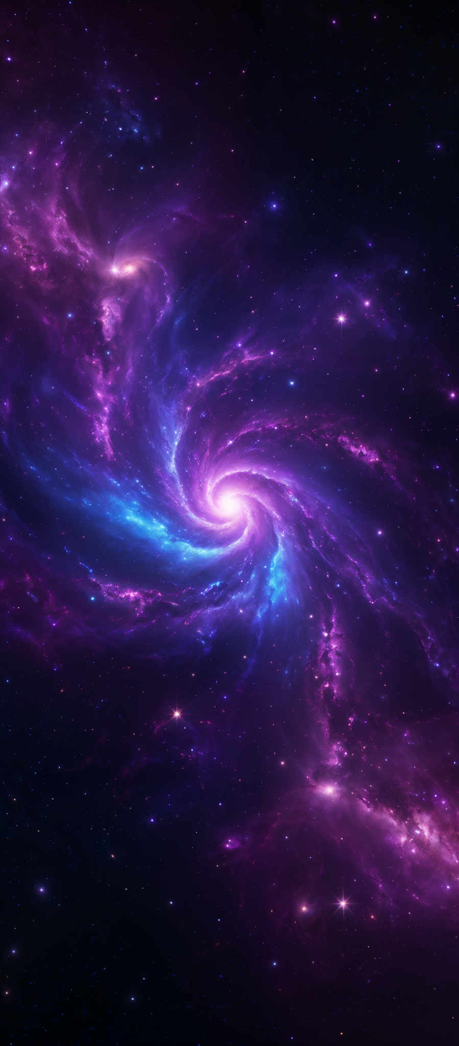 The image showcases a mesmerizing cosmic scene with a dominant spiral galaxy at its center. The galaxy is swirled with vibrant hues of purple, blue, and pink, indicating the presence of various gases and cosmic dust. The spiral arms are tinged with a luminescent blue, suggesting regions of active star formation. Surrounding the galaxy are numerous stars, some of which are brighter than others, scattered across the vast expanse of space. The backdrop is a deep, dark blue, punctuated with distant galaxies and nebulae, adding depth and dimension to the scene.