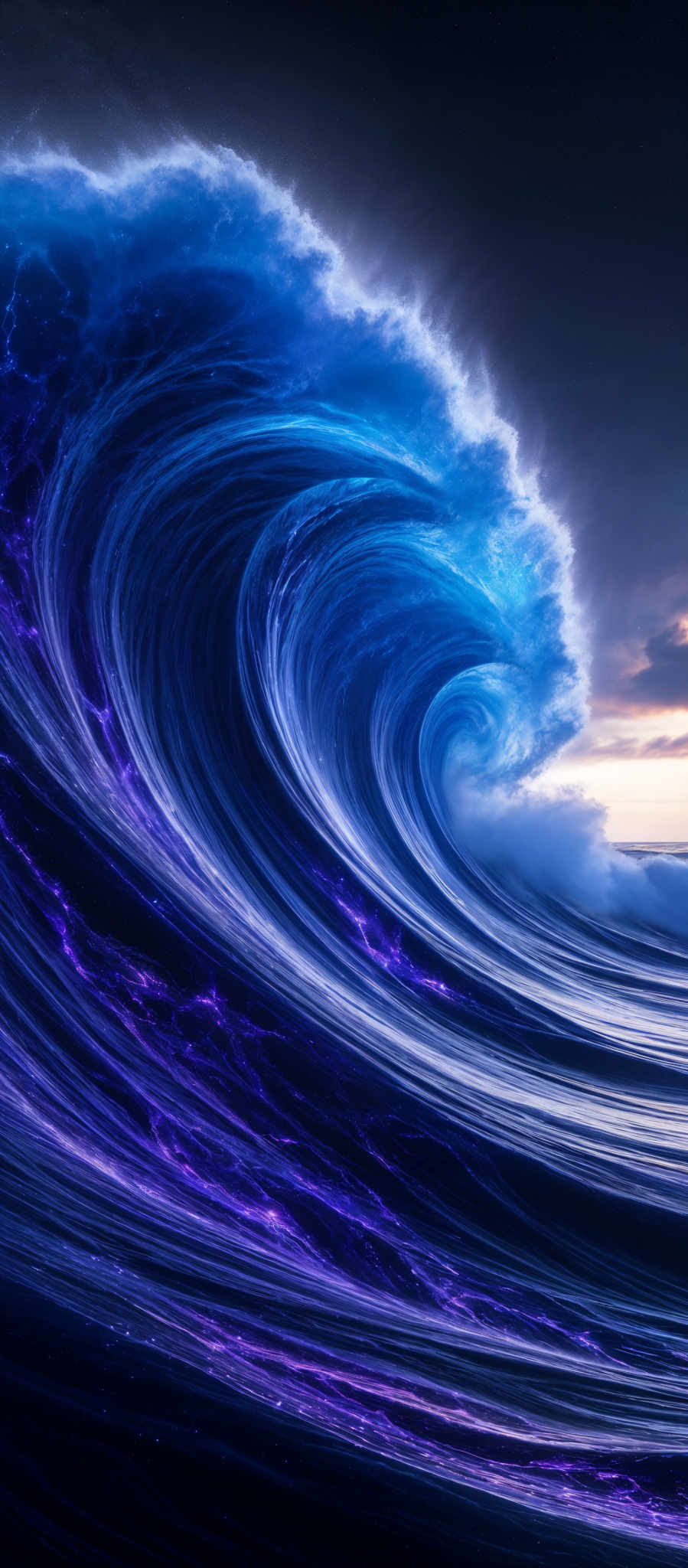 The image showcases a large, powerful wave with a vibrant mix of colors. The dominant colors are shades of blue and purple, with hints of white and black. The wave's shape is curved, with its crest reaching upwards and its base descending. The intricate details of the wave reveal swirling patterns and currents, giving it a dynamic and almost mystical appearance.