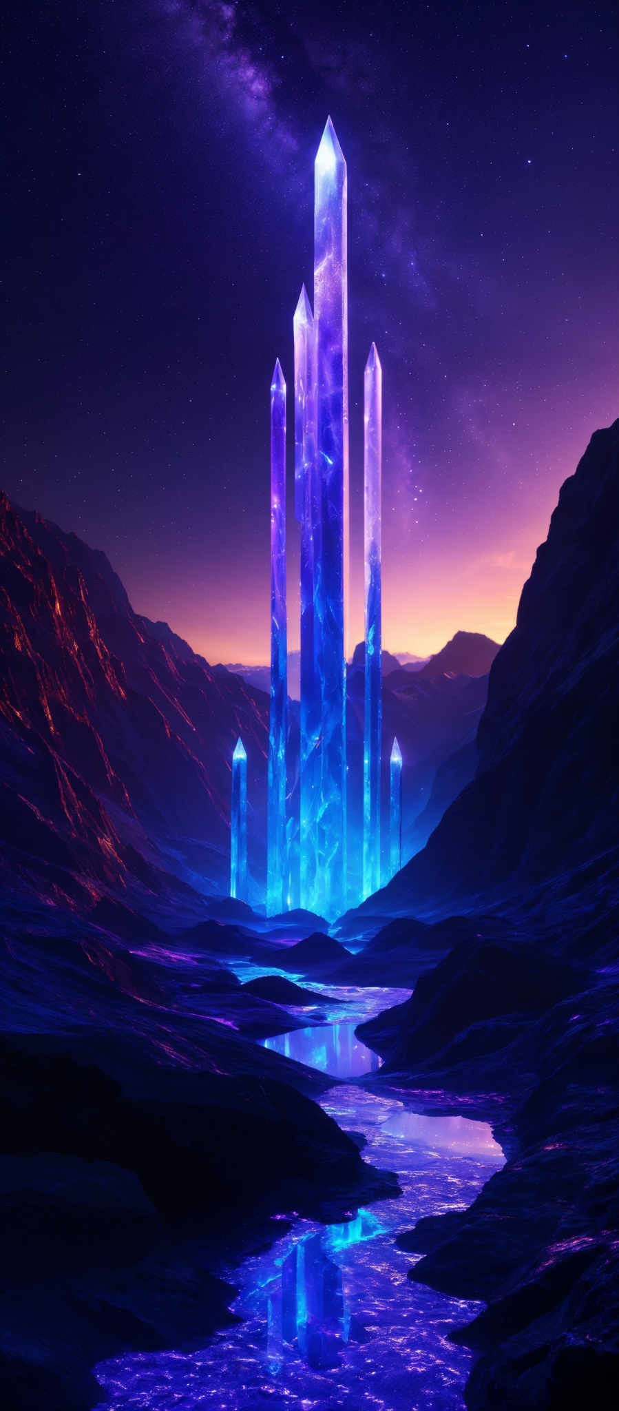 The image showcases a surreal landscape with towering crystal structures that glow with a luminescent blue hue. These crystals are surrounded by rugged terrains with sharp mountain peaks. The sky above is a deep purple, dotted with stars, and there's a hint of a galaxy or nebula. The ground is reflective, possibly made of a wet or shiny surface, and it mirrors the crystalline structures and the starry sky.