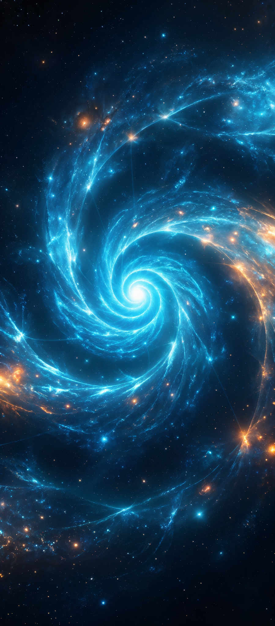 The image showcases a mesmerizing cosmic scene with swirling galaxies. Dominating the center is a bright, glowing white spiral galaxy, surrounded by a vast expanse of deep blue space dotted with numerous stars. The outer edges of the galaxy are tinged with golden-yellow hues, possibly representing distant stars or cosmic dust. The swirled patterns and radiant colors give a sense of movement and dynamism to the universe.