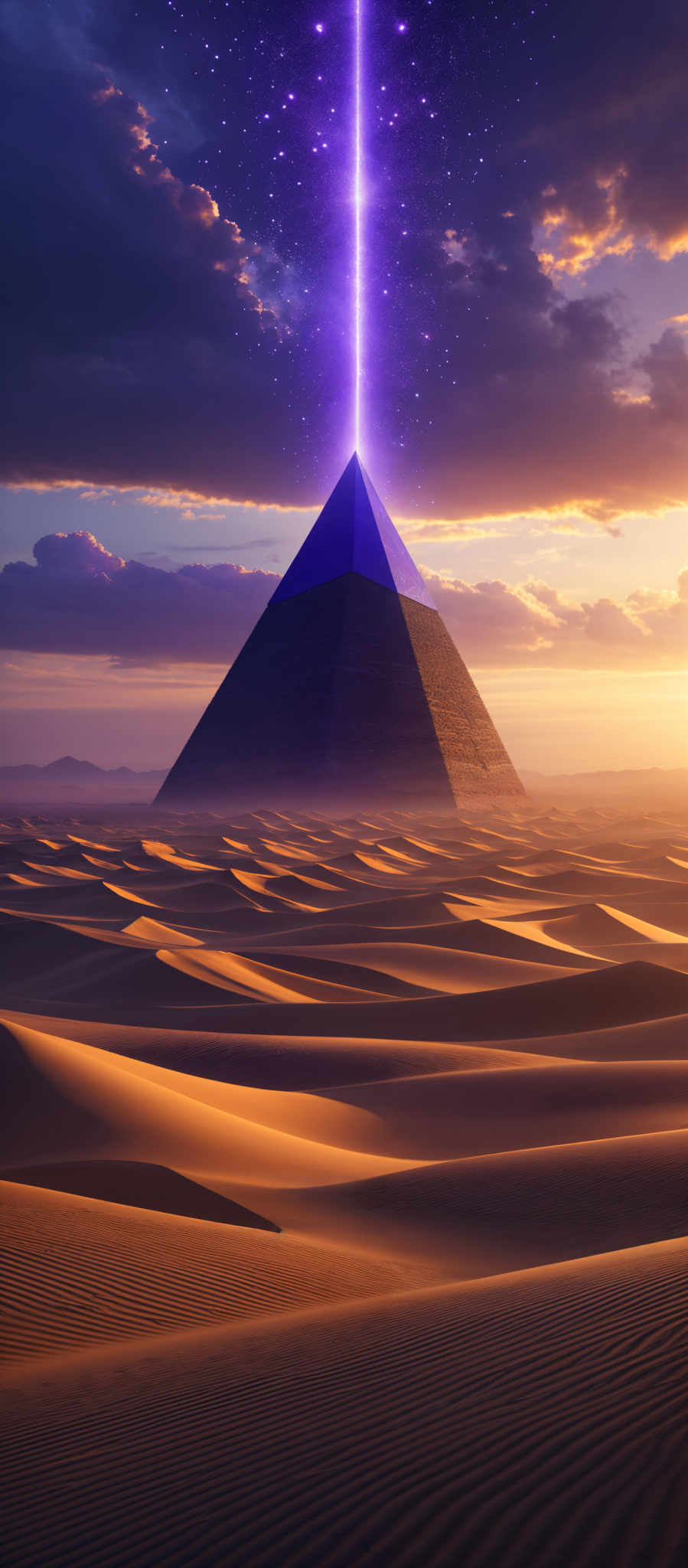 The image showcases a vast desert landscape with undulating sand dunes. Dominating the scene is a large, pyramid-shaped structure emitting a bright purple beam of light upwards. The sky is painted with hues of purple, blue, and orange, suggesting either a sunrise or sunset. The clouds are scattered, with some appearing dark and others illuminated by the setting or rising sun. The overall ambiance is serene and mystical.