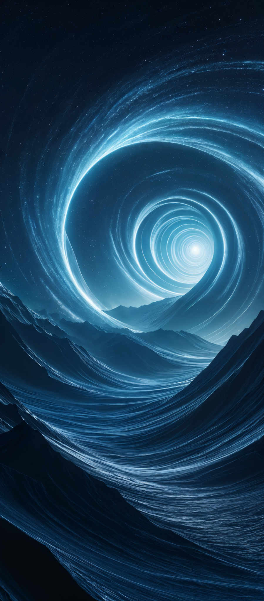 The image showcases a mesmerizing cosmic scene. Dominating the center is a swirling vortex or black hole, emanating a bright white light. This central light source is surrounded by concentric spirals of blue energy, which appear to be emanated from the black hole. These spirals give the impression of a whirlpool or a galaxy in motion. The background is a deep blue, dotted with distant stars, suggesting that this scene is set in outer space. In the foreground, there are undulating, smooth, and wavy patterns, possibly representing a landscape or a series of mountains. The entire image exudes a sense of vastness, mystery, and the awe-insp