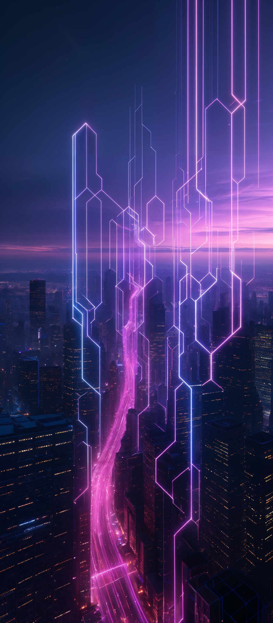 The image showcases a cityscape during twilight or dawn. The sky is painted with hues of purple, pink, and blue. The city is illuminated with neon lights, predominantly in shades of pink and blue, creating a futuristic and vibrant ambiance. The neon outlines of various geometric shapes, such as hexagons and pentagons, are superimposed on the buildings, adding a digital or cybernetic touch to the scene. The central focus is a winding road with bright streaks of light, suggesting fast-moving vehicles.