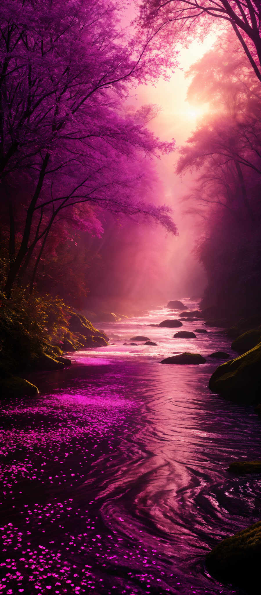 The image showcases a serene natural scene. The dominant color is a vibrant shade of purple, which is seen in the trees and the petals scattered on the water. The trees have a slender and elongated shape, with their branches extending outwards. The water reflects the purple hue from the trees, creating a mesmerizing effect. There are also some moss-covered rocks visible in the water, adding to the natural beauty of the scene.