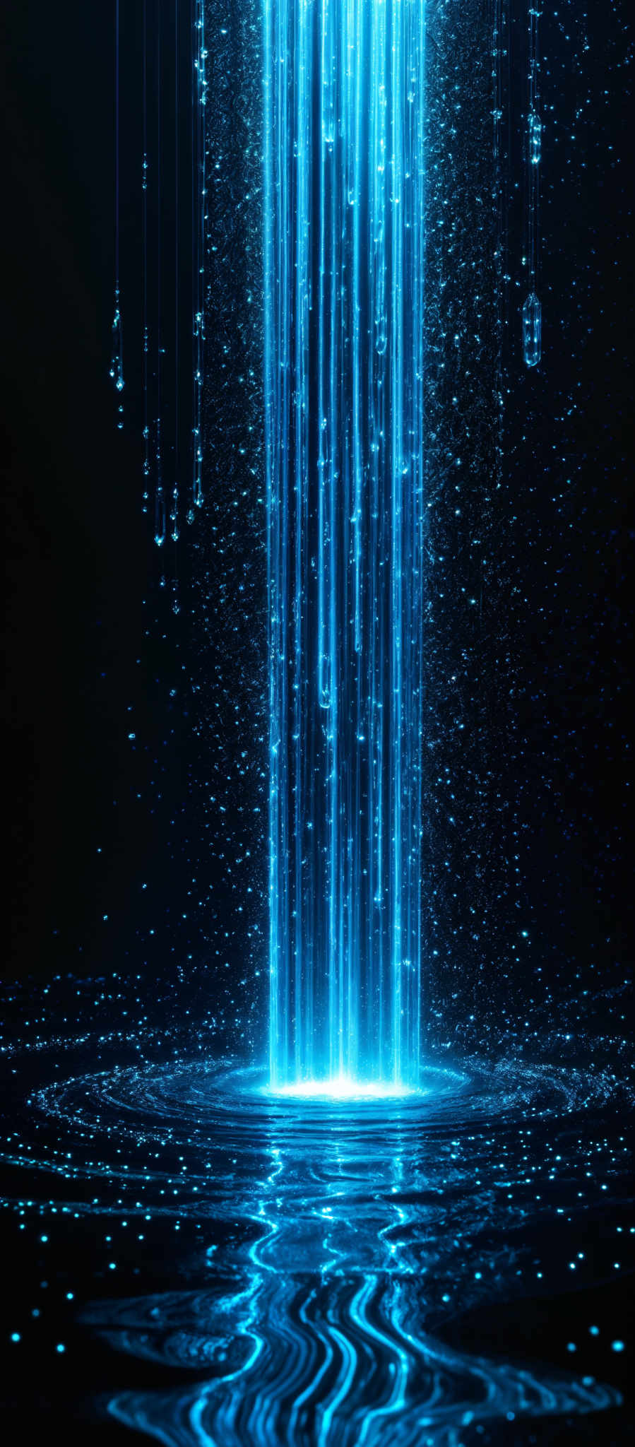 The image showcases a vibrant blue hue, predominantly in vertical streaks that appear to be emanating from a central point. These streaks are surrounded by numerous small, shiny, and reflective particles that seem to be suspended in the air. These particles give the image a sparkling and ethereal quality. The overall shape is reminiscent of a vertical waterfall or stream of light, with the particles creating ripples and waves on the surface below.