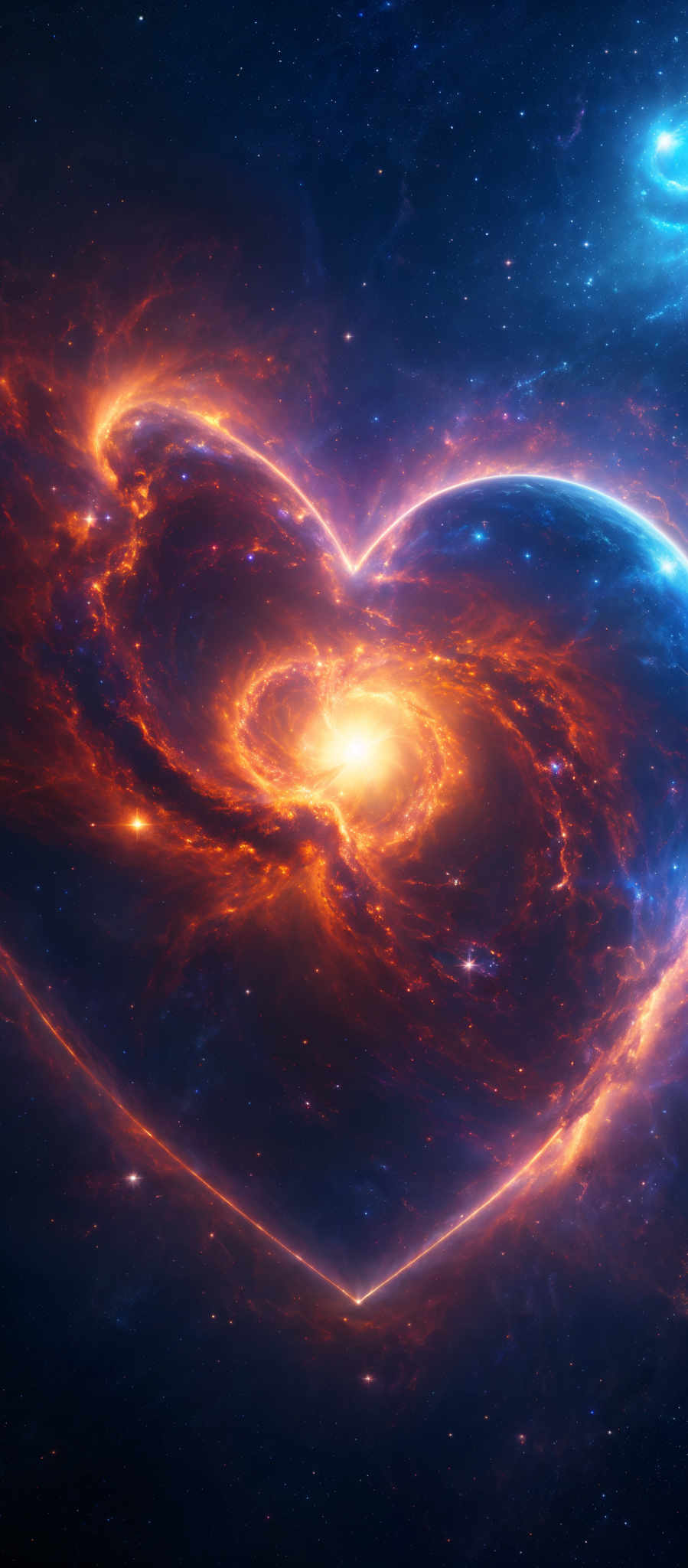 The image showcases a vibrant and mesmerizing cosmic scene. Dominating the center is a bright, glowing heart shape, which appears to be made of swirling galaxies or nebulae. The heart is surrounded by a deep blue and black space filled with stars, galaxies, and other cosmic phenomena. The colors range from deep blues and purples to fiery oranges and reds, creating a stark contrast between the coldness of space and the warmth of the heart.