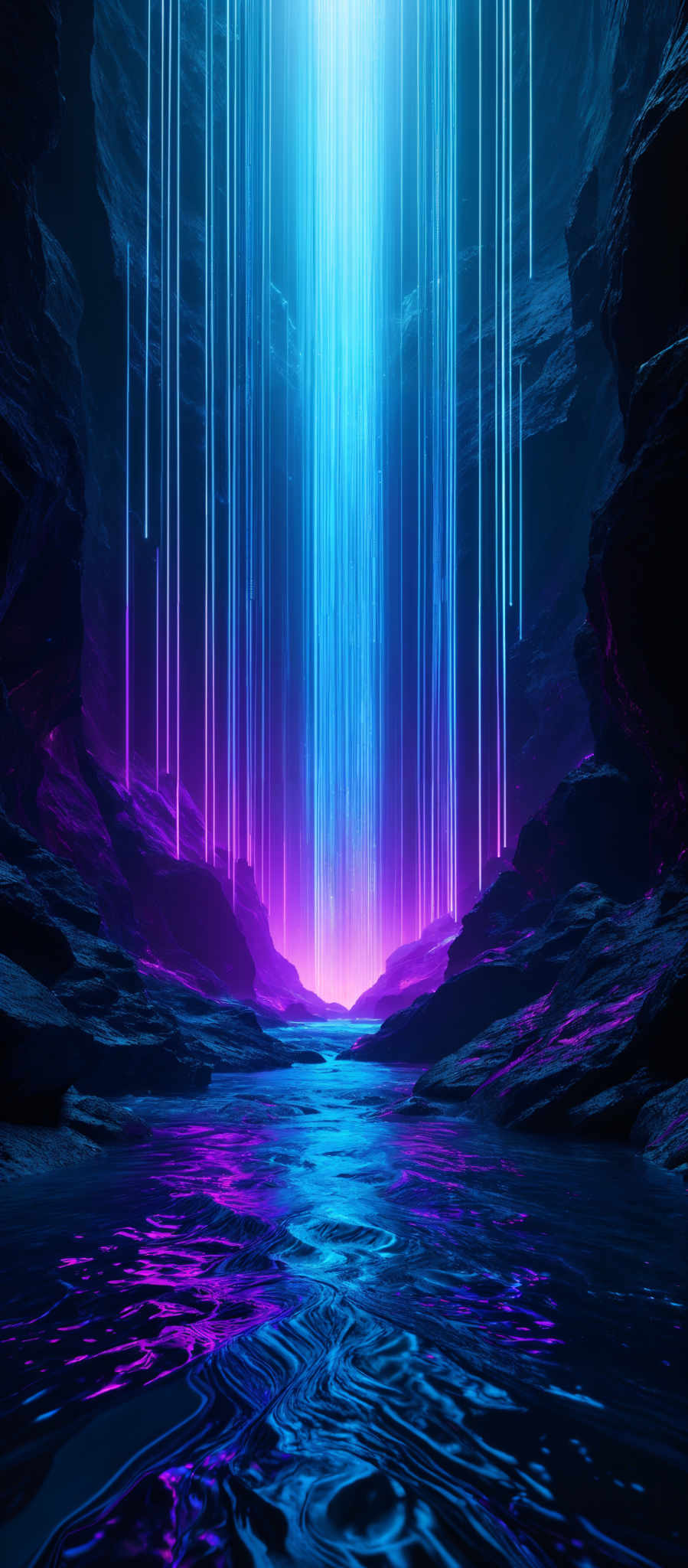 The image showcases a surreal landscape with a deep cavernous setting. The dominant colors are shades of blue, purple, and black. A vertical column of bright blue light shines down from the top, illuminating the surroundings. This light source is surrounded by cascading vertical streaks of blue and purple. The cavern walls are rugged and have a dark hue, with some areas reflecting the light from above. The ground is wet, with ripples suggesting the presence of a reflective surface, possibly water. The overall ambiance is mystical and otherworldly.