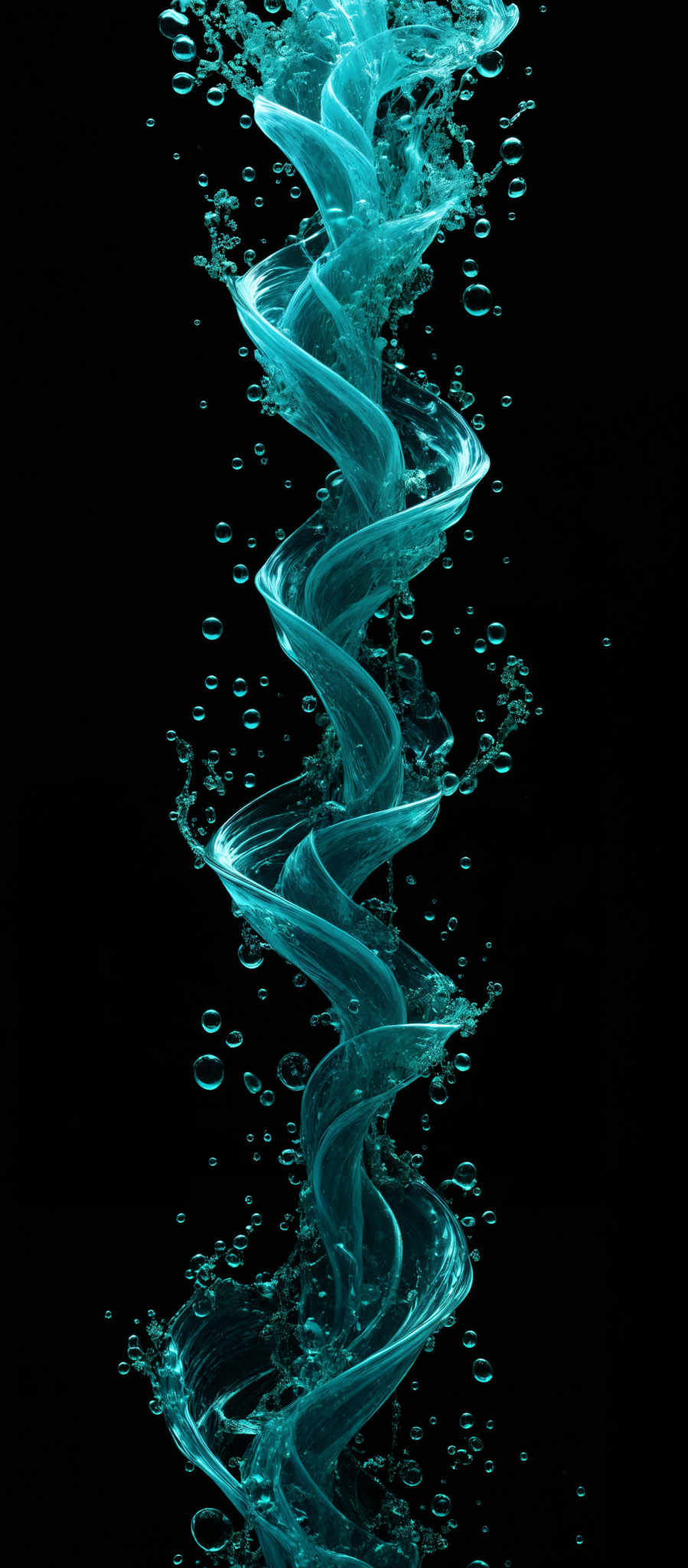 The image showcases a vibrant turquoise water splash against a dark background. The water splASH forms a swirling, helical structure, reminiscent of a DNA helix, with smaller bubbles dispersed throughout. The fluid dynamics create a sense of motion and energy, emphasizing the dynamic nature of water.