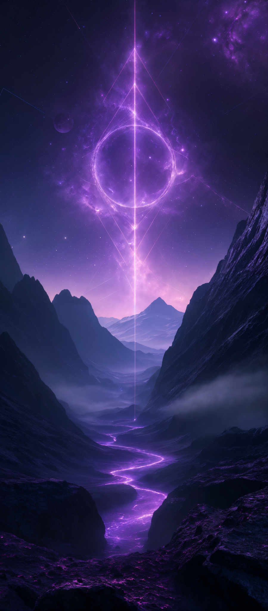 The image predominantly features shades of purple and blue. The central geometric shape is a circle with a vertical line running through it, creating a symmetrical design. Above this circle, there's a radiant, glowing arc that extends upwards, almost touching the top of the image, surrounded by a nebulous purple cloud. The landscape below consists of rugged mountains with a winding river or stream reflecting the same purple hue. The sky is filled with stars, and there are two celestial bodies, possibly planets, visible in the distance.