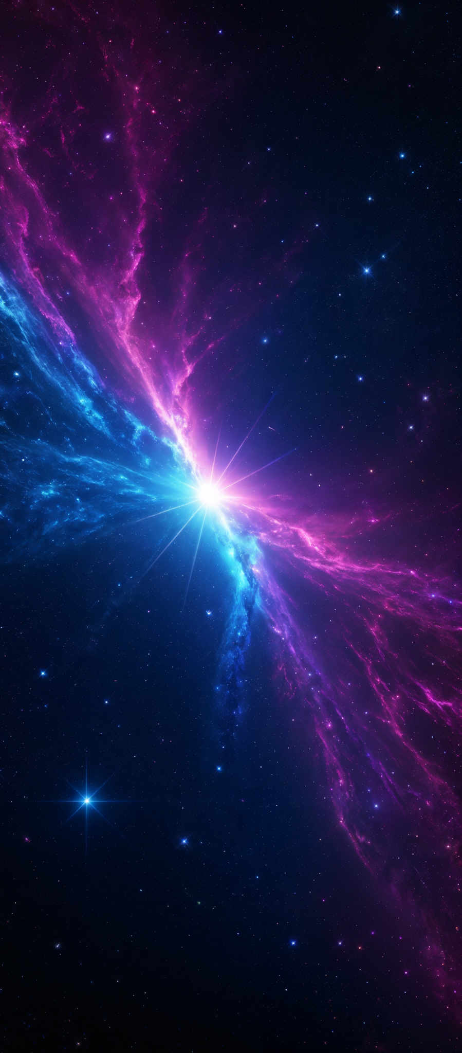 The image showcases a vibrant cosmic scene with a radiant burst of light at its center. The burst emits a brilliant blue hue, contrasting with the surrounding deep purple and pink nebulae. These nebular formations appear as swirling, ethereal clouds of gas and dust, illuminated by the light from the central burst. The vastness of space is filled with numerous distant stars, adding depth and dimension to the scene.