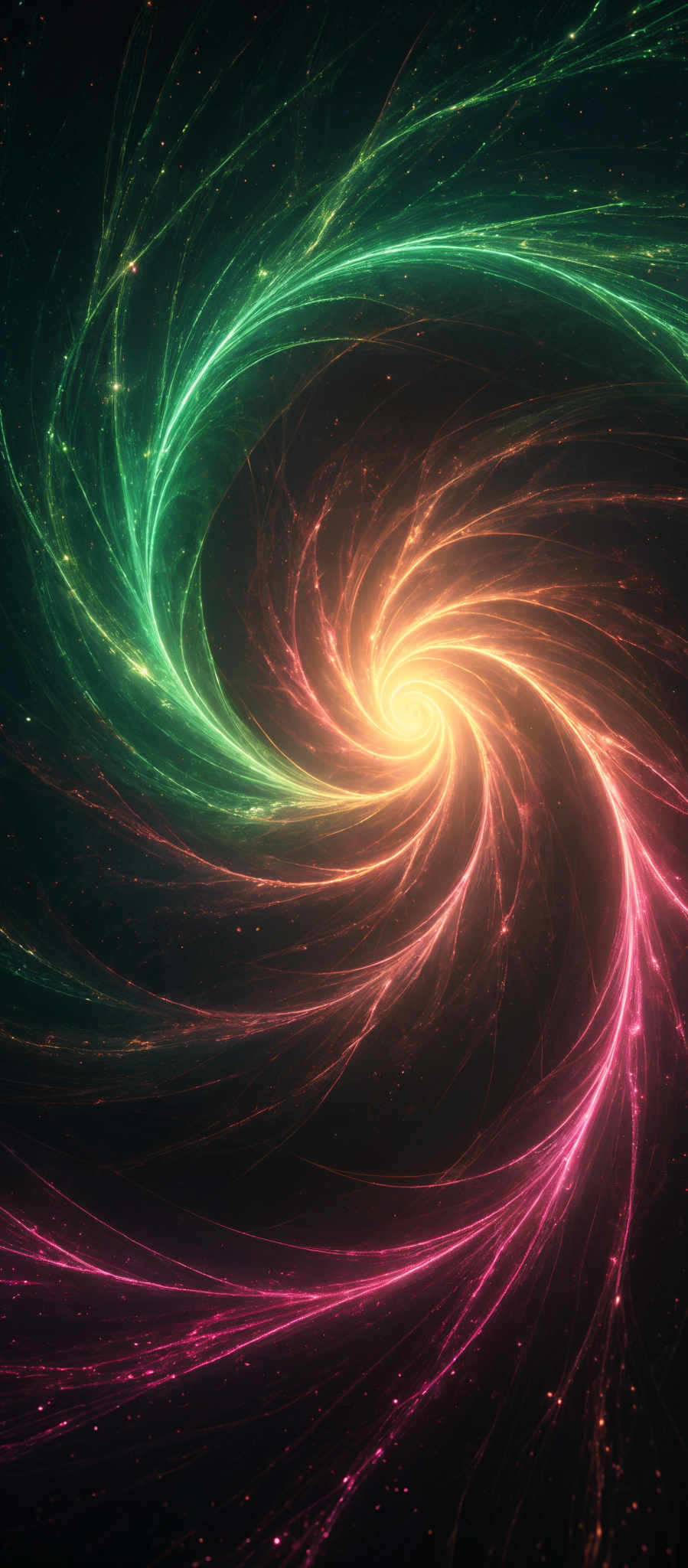 The image showcases a vibrant and mesmerizing swirl of colors. At the center, there's a bright, glowing yellow-orange hue, which seems to be the core or nucleus of the swirl. Surrounding this core, there are radiant streaks of green, pink, and blue, creating an almost ethereal and otherworldly effect. The swirls appear to be spiraling outwards, intertwining with each other, and are dotted with tiny, luminous specks that could represent stars or distant galaxies. The overall impression is one of a dynamic, cosmic event or phenomenon.