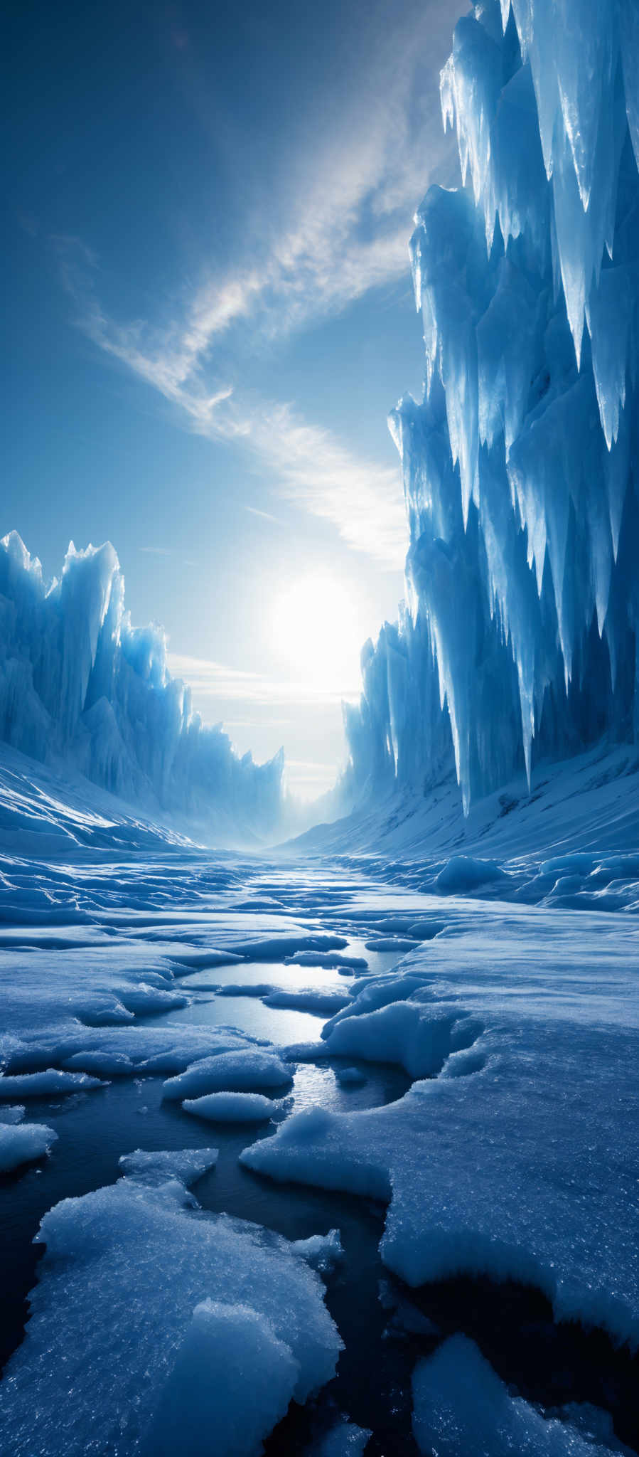 The image showcases a breathtaking icy landscape. The dominant colors are various shades of blue, ranging from deep navy to lighter icy blue. The scene features towering ice formations, resembling large icicles or stalactites, hanging from the top left corner. These formations are translucent, allowing the sunlight to penetrate and create a mesmerizing play of light and shadow. Below these formations is a vast icy terrain with patches of water, reflecting the blue hues of the sky. The ground is covered in ice, with some areas showing broken ice, forming small pools of water. The horizon reveals a bright sun, casting a warm