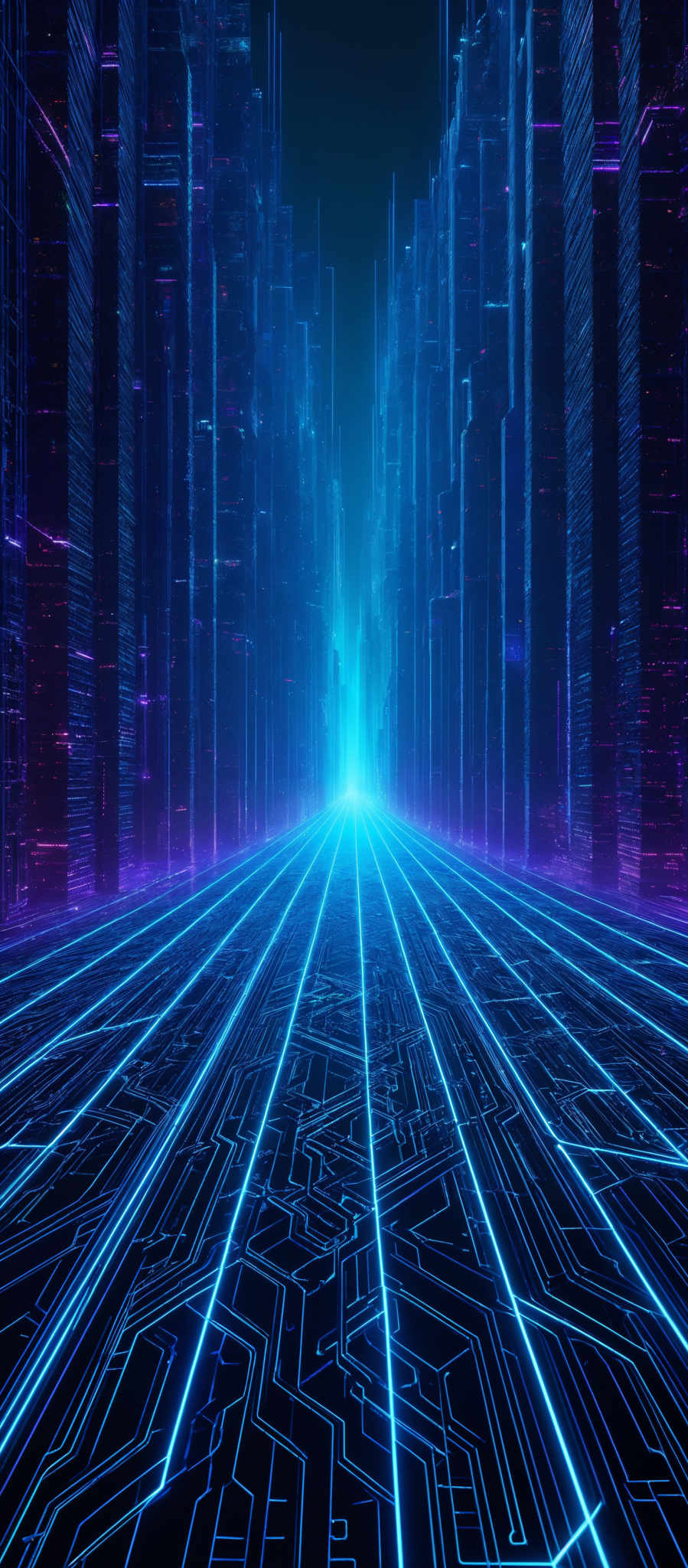 The image showcases a futuristic, digital landscape. Dominated by deep blues and purples, the scene is characterized by towering structures that resemble skyscrapers, but with a unique, intricate design. These structures are illuminated with neon lights, creating a mesmerizing contrast against the dark background. The ground is adorned with a complex network of blue lines, reminiscent of circuitry or a digital pathway. The entire scene exudes a sense of advanced technology and a cyberpunk aesthetic.