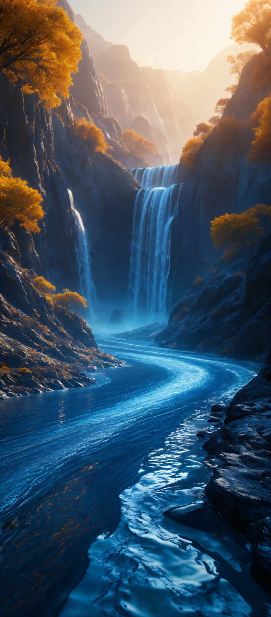 The image showcases a breathtaking landscape with a cascading waterfall surrounded by rugged cliffs. The cliffs are dark, possibly made of rock, and have patches of bright orange foliage, suggesting it might be autumn. The waterfall is a central focus, with its white, frothy water contrasting against the dark cliffs and the deep blue of the river below. The river flows smoothly, with ripples caused by the waterfall's spray. The sky above is a soft golden hue, possibly indicating either sunrise or sunset.