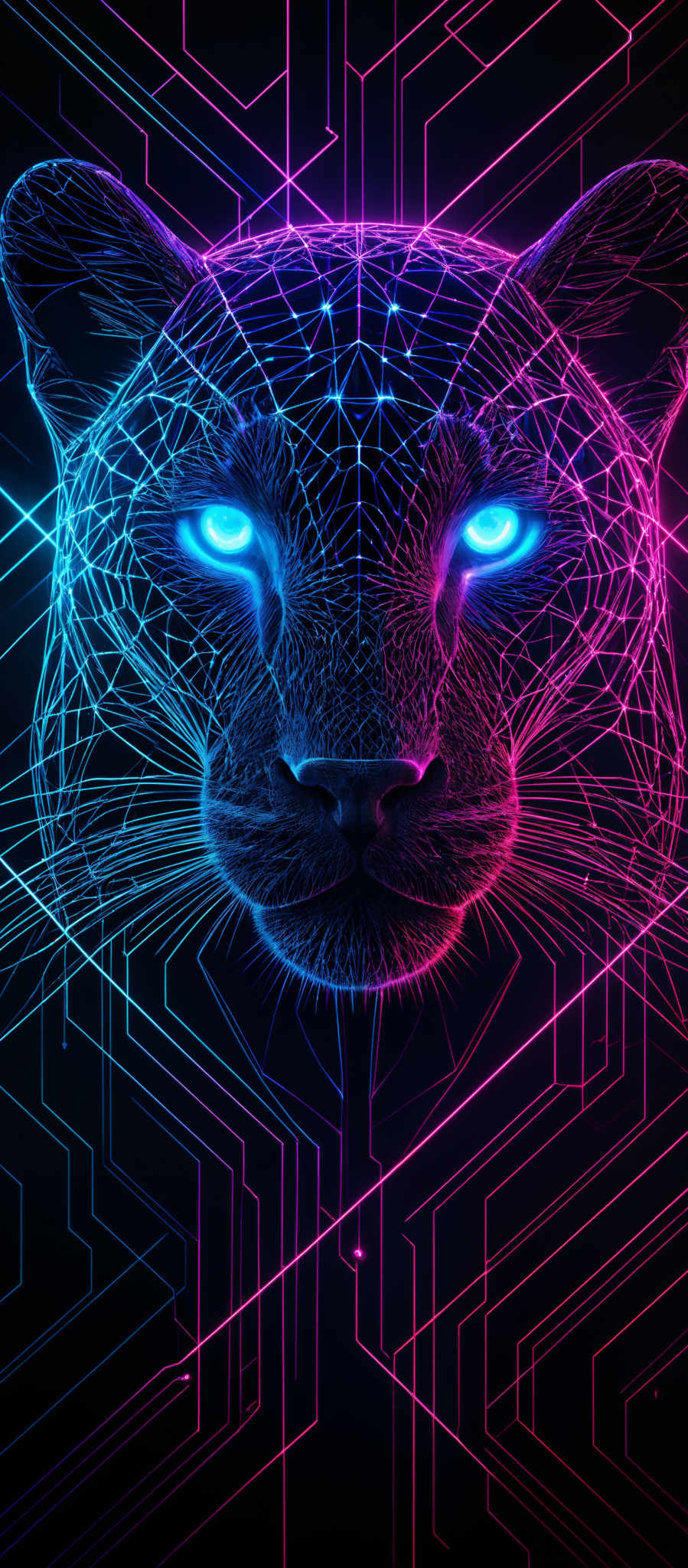 The image showcases a digital or neon representation of a leopard's face. The leopARD's eyes are illuminated in a bright blue color, and the rest of its face is outlined with a network of lines and triangles, giving it a geometric and digital appearance. The background consists of intricate maze-like patterns in shades of pink and blue, creating a vibrant and futuristic ambiance.