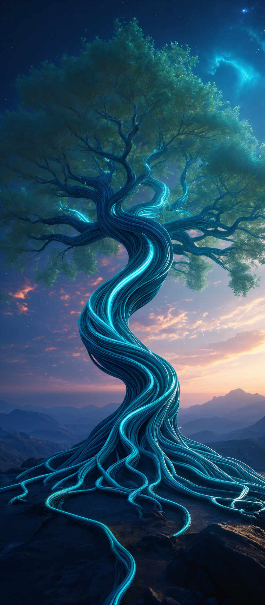 The image showcases a majestic tree with twisted and intertwined roots and branches. The tree's trunk and branches are illuminated with a vibrant blue glow, giving them a surreal and ethereal appearance. The roots extend from the base of the tree and spiral upwards, also emanating a blue light. The foliage of the trees is a lush green, contrasting beautifully with the blue illumination. The background displays a breathtaking landscape with mountains, a setting or rising sun casting a warm orange and pink hue, and a starry night sky.