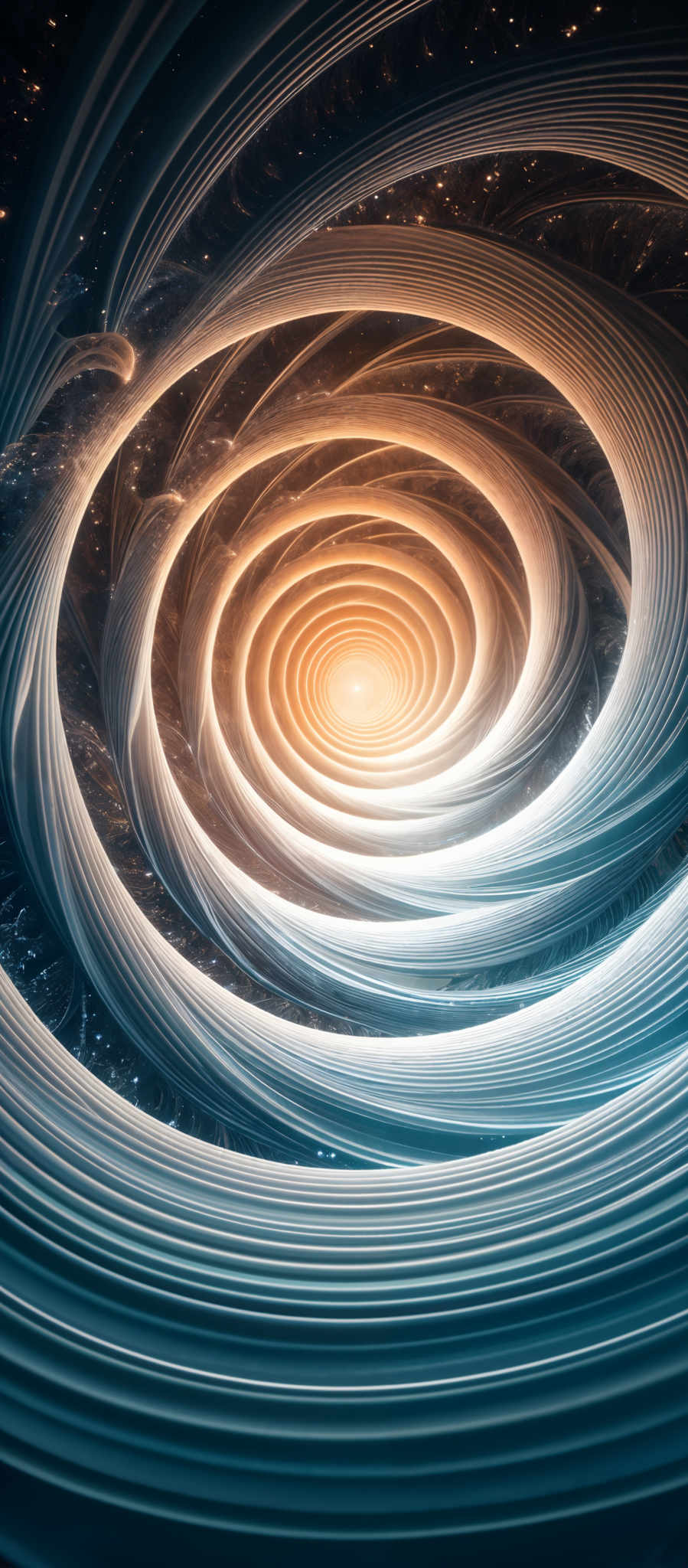 The image showcases a mesmerizing spiral pattern that seems to be a vortex or a wormhole. The spiral is composed of layered, wavy lines that converge towards a bright, glowing center. The colors range from deep blues at the outer edges to a warm, golden hue at the center. Surrounding the spiral, there are hints of a cosmic background with stars and other celestial elements.