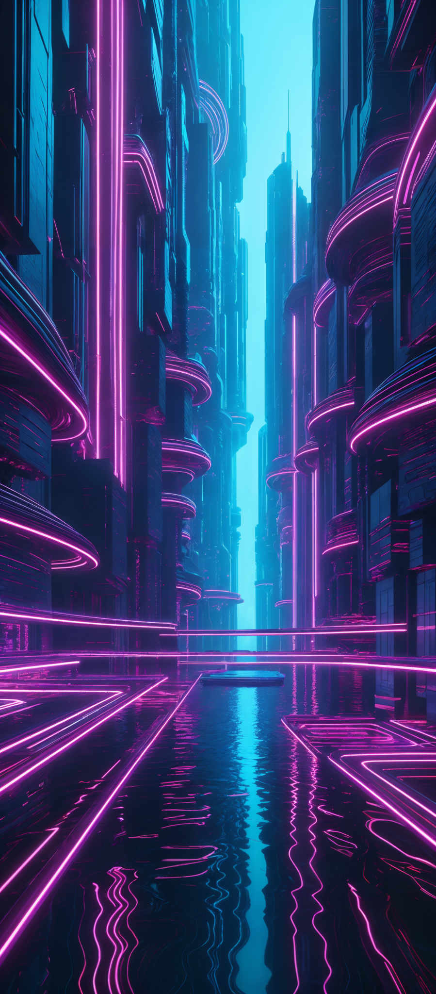 The image showcases a futuristic cityscape with tall, sleek buildings. The dominant colors are shades of blue and pink, creating a neon-like glow. The buildings are layered, with some appearing to float or hover above the ground. The ground itself is reflective, possibly made of glass or a similar material, and is adorned with wavy, neon pink lines that seem to be flowing or emanating from the buildings.