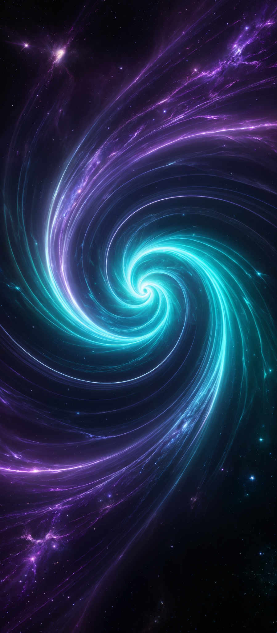 The image showcases a mesmerizing cosmic scene with swirling patterns of vibrant colors. Dominating the center is a spiraling vortex of turquoise and teal, which seems to be drawing in everything around it. Surrounding this central vortex are streaks of purple and blue, giving the impression of cosmic energy or radiation emanating from the core. The background is a deep black, punctuated by distant stars and nebulae, adding depth and dimension to the scene.