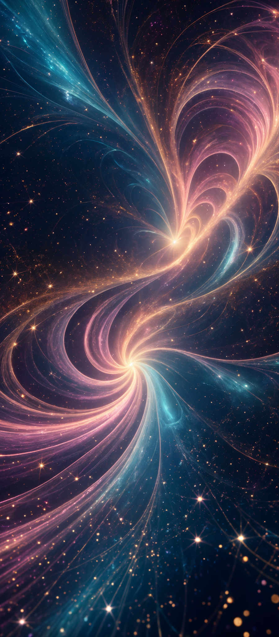 The image showcases a mesmerizing cosmic scene with swirling patterns of vibrant colors. Dominant colors include deep blues, radiant pinks, and golden yellows. The swirls appear to be energy or light emanating from a central point, creating a vortex-like effect. The background is dotted with numerous twinkling stars, further enhancing the celestial ambiance.