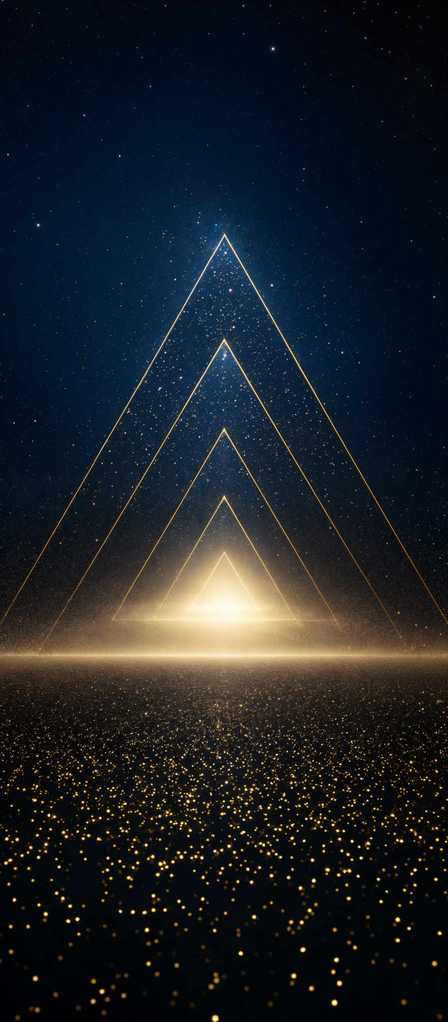 The image showcases a deep blue night sky dotted with numerous stars. Dominating the center is a series of golden, neon-like triangular shapes that converge towards a central point, creating an illusion of depth and perspective. The ground is covered with a dense scattering of golden dots, possibly representing a starry landscape or a field of light.