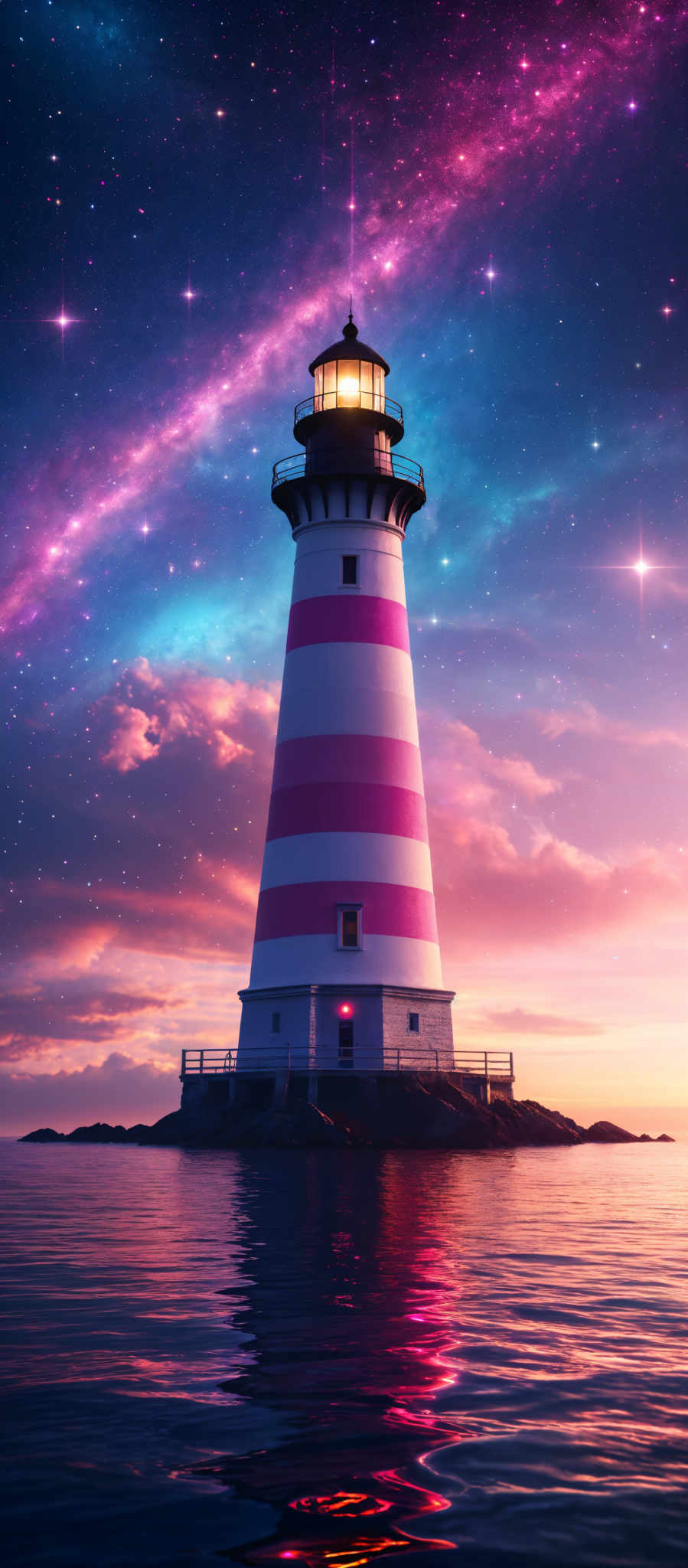 The image showcases a lighthouse with alternating red and white stripes. It stands tall on a small piece of land amidst calm waters. The lighthouses beacon is illuminated, casting a warm glow. Above the lighthhouse, the sky is painted with hues of blue, purple, and pink, dotted with stars and a vibrant galaxy. The reflection of the lighouse and the sky can be seen in the water below.