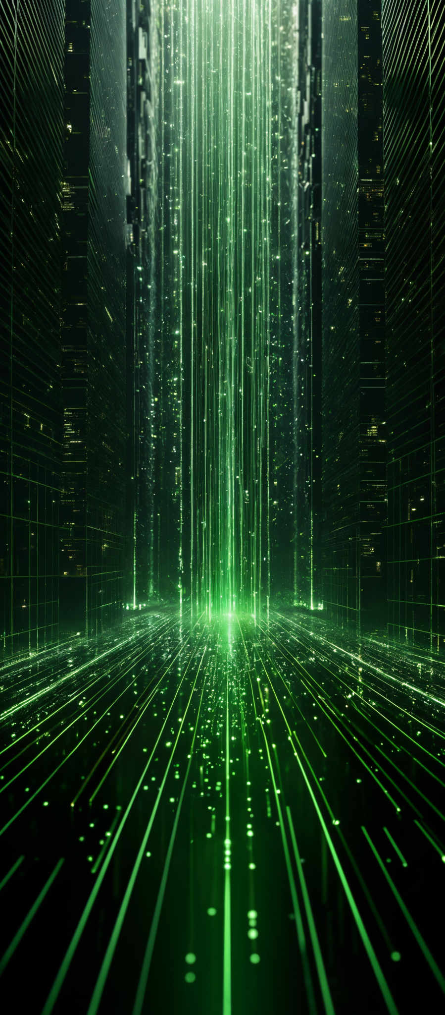 The image showcases a digital or futuristic environment. Dominated by dark hues, it features vertical structures resembling skyscrapers, with intricate patterns and lines. These structures seem to be made of a metallic or glass material, reflecting light. The central focus is a vertical streak of bright green light, almost resembles a data stream or a pathway, which appears to be emanating from the ground and ascending towards the top. Surrounding this central light are smaller glowing particles or data points, adding to the digital ambiance. The floor has a shiny, reflective surface, mirroring the vertical lines and the central light stream.