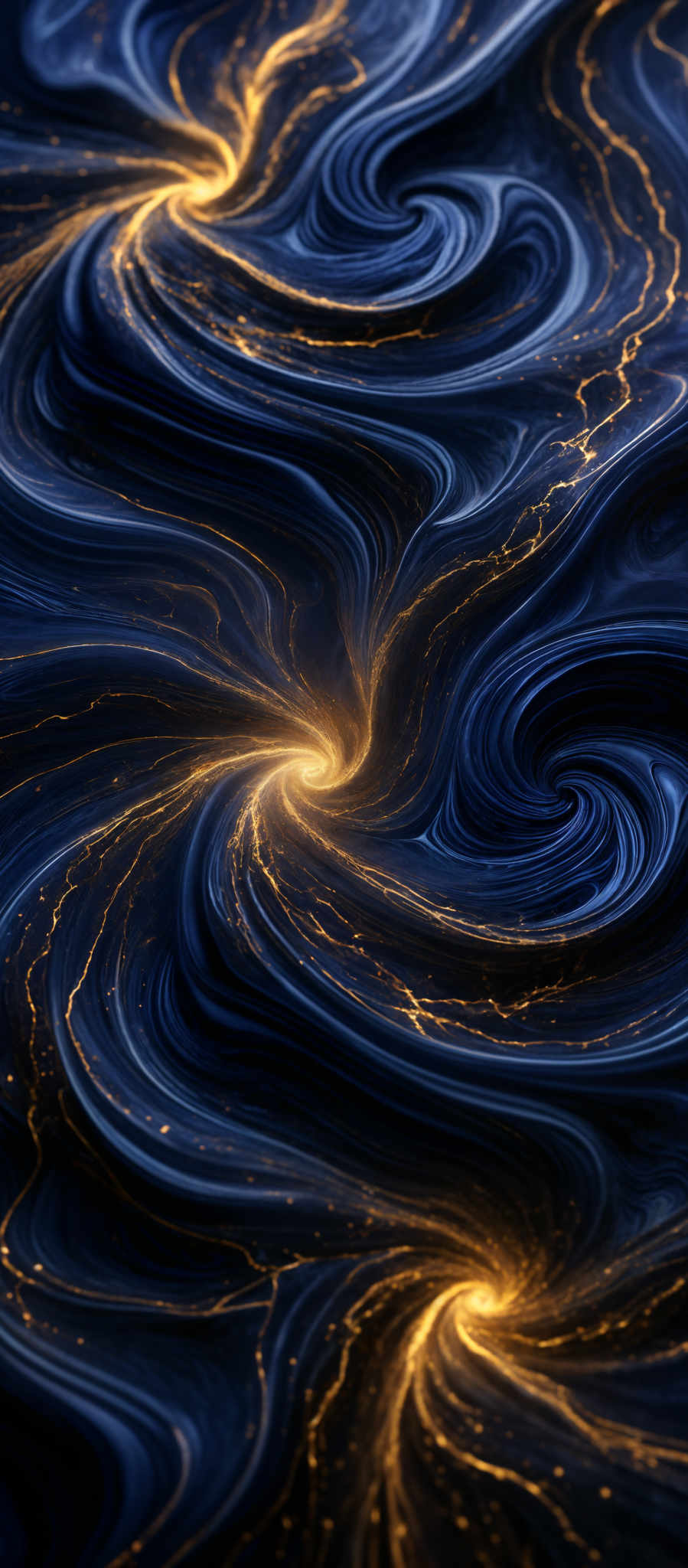 The image showcases a mesmerizing swirl of colors. The dominant colors are deep blue and golden-yellow. The swirls are intricate, resembling fluid or marbled patterns. The golden- yellow swirls seem to emanate from the center, giving an impression of energy or light. The overall effect is both calming and dynamic, reminiscent of flowing water or molten lava.