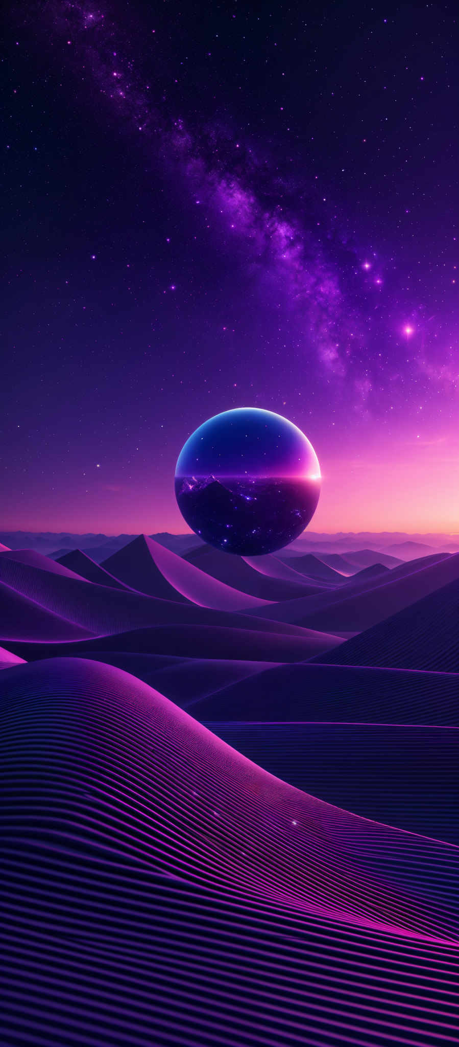 The image showcases a surreal landscape with a vast expanse of undulating sand dunes. The dunes are illuminated with a vibrant purple hue, creating a mesmerizing contrast against the dark, starry night sky. Above the dunes, a massive, translucent sphere floats, reflecting the stars and the Milky Way galaxy. The sphere appears to be made of a crystalline or glass-like material, allowing us to see the stars through it. The sky is awash with shades of purple, pink, and blue, with the Milk Way stretching across it.