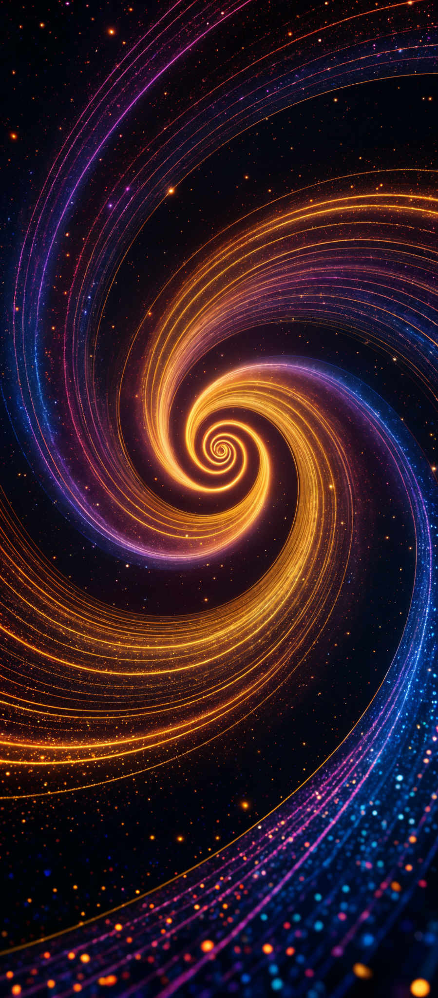 The image showcases a mesmerizing cosmic scene with swirling patterns of vibrant colors. The dominant colors are deep purples, radiant blues, and fiery oranges and yellows. The swirls form a spiral, reminiscent of a galaxy or a vortex, with each swirl emitting a glow that contrasts beautifully with the dark background filled with twinkling stars.