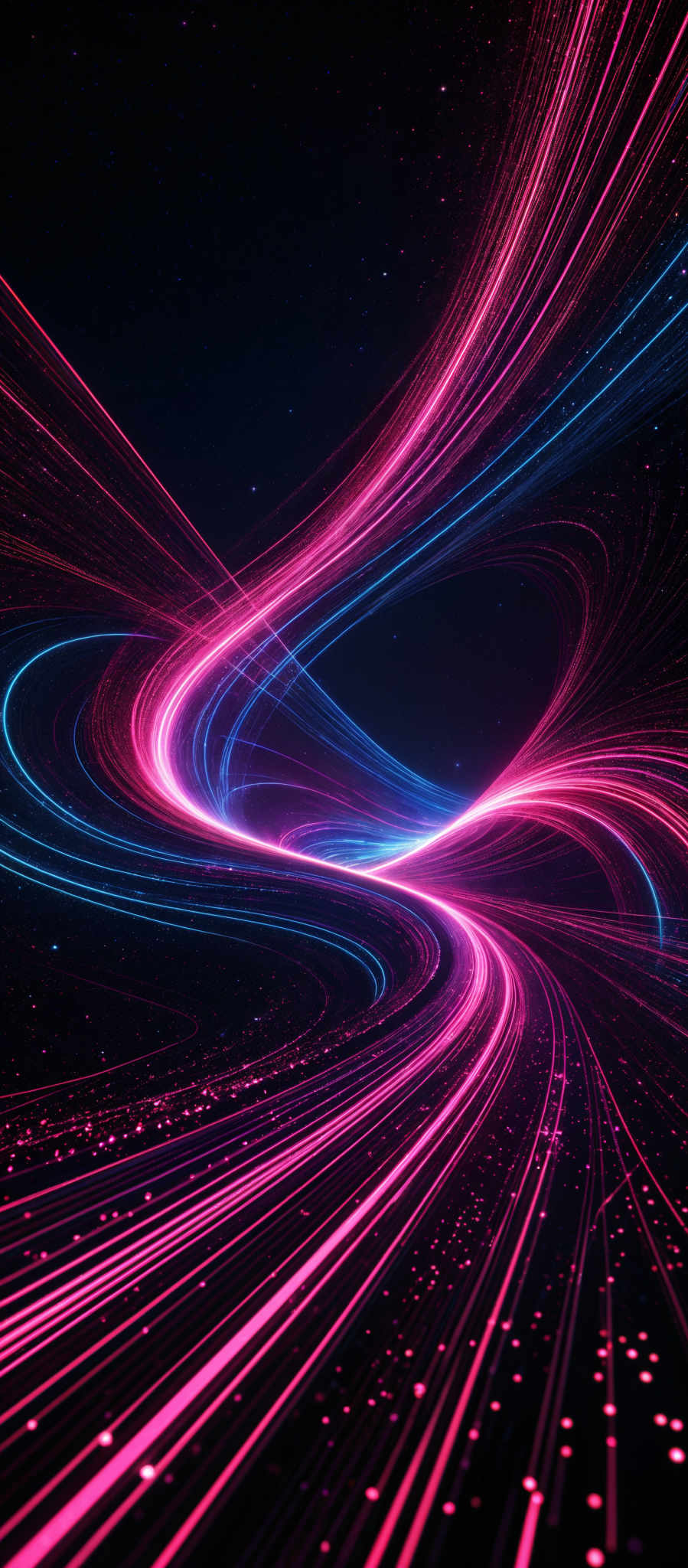 The image showcases vibrant swirls of light in a deep space setting. The swirls are predominantly in shades of pink, blue, and purple, creating a mesmerizing contrast against the dark backdrop of space. The shapes are fluid and wavy, resembling streams of energy or light trails. The overall impression is of dynamic motion and energy, reminiscent of high-speed data streams or cosmic phenomena.