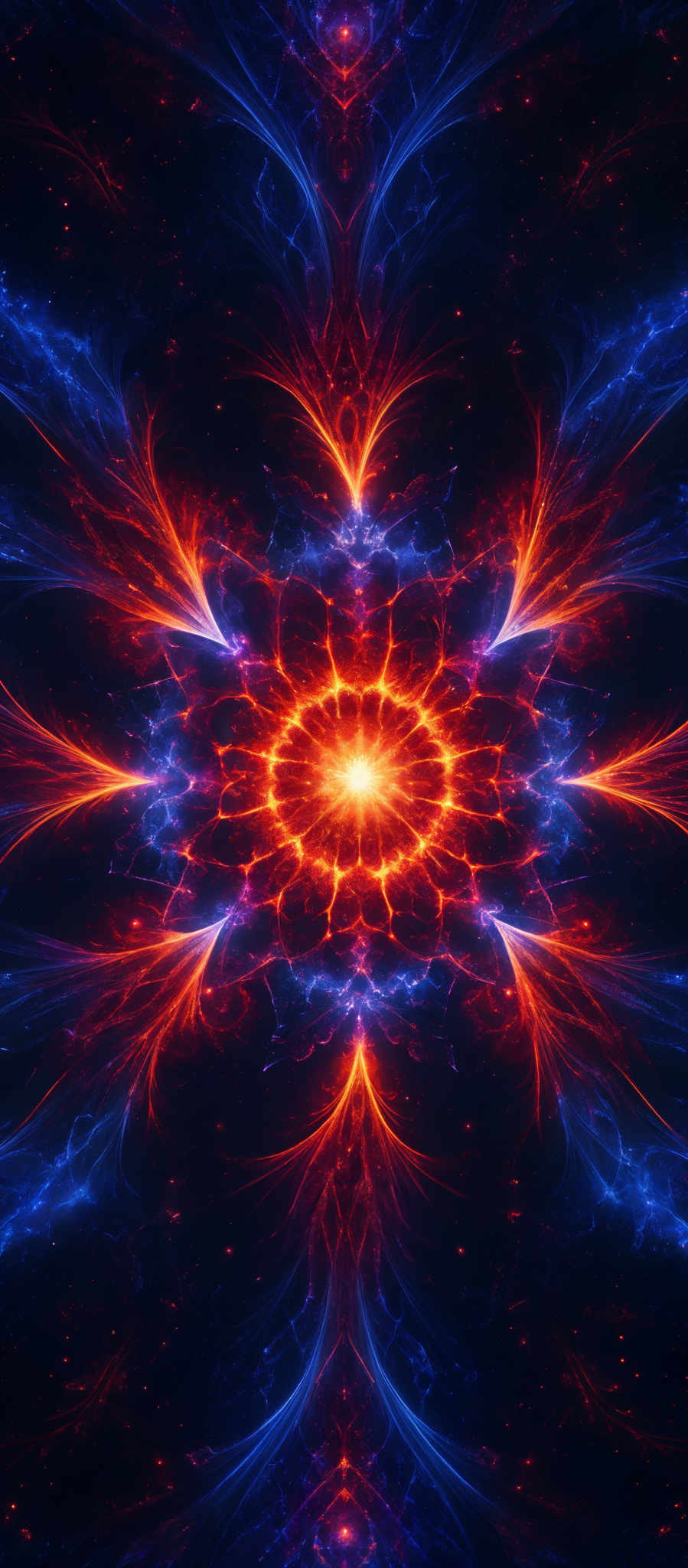 The image showcases a vibrant and intricate pattern that appears to be a cosmic or abstract representation. Dominated by deep blues and fiery reds, the central figure resembles a radiant star or sun with symmetrical patterns extending outwards. The swirling patterns and vivid colors give the impression of a dynamic and energetic cosmic event or a digital artwork.