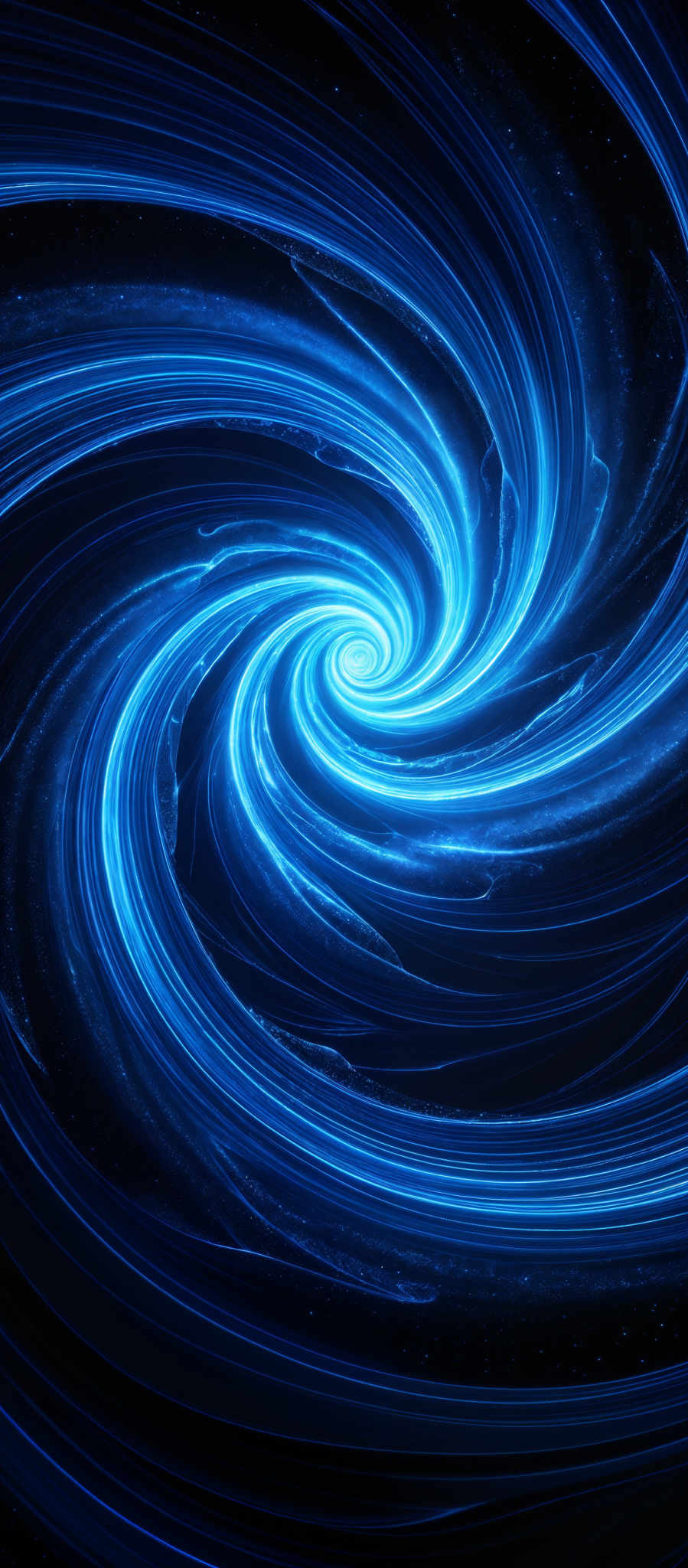 The image showcases a mesmerizing swirl of blue light against a dark background. The swirl appears to be a vortex or whirlpool, spiraling inwards, with bright, luminous streaks emanating from its center. The colors are predominantly deep blue and lighter shades of blue, creating a contrast against the black backdrop. The intricate patterns and the dynamic movement of the light give the image a sense of depth and motion.