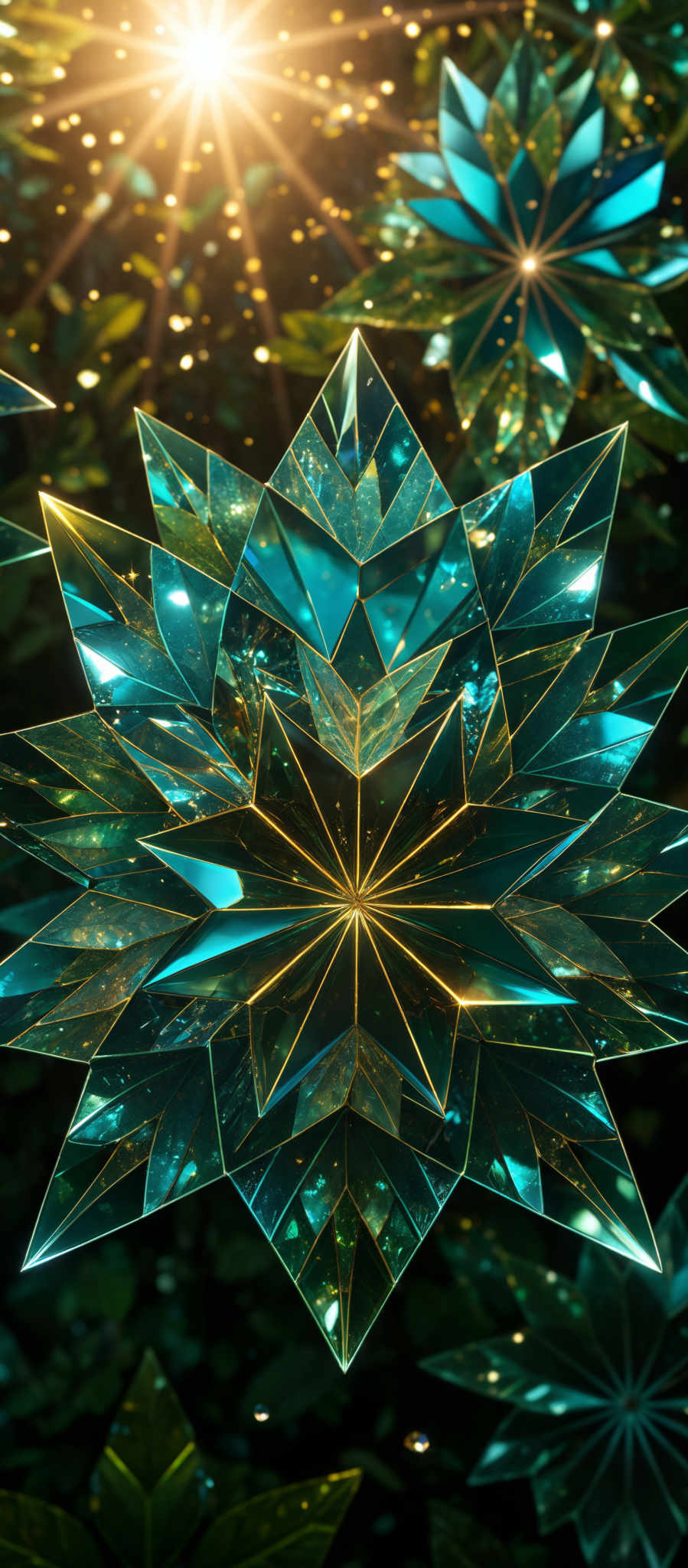 The image showcases a vibrant and intricate design of geometric shapes, predominantly in shades of green and blue. The shapes resemble crystalline structures, with multiple facets and sharp edges. They are layered in a manner that creates a sense of depth and dimension. The background is filled with a myriad of smaller geometric patterns, giving the overall image a shimmering and ethereal appearance.