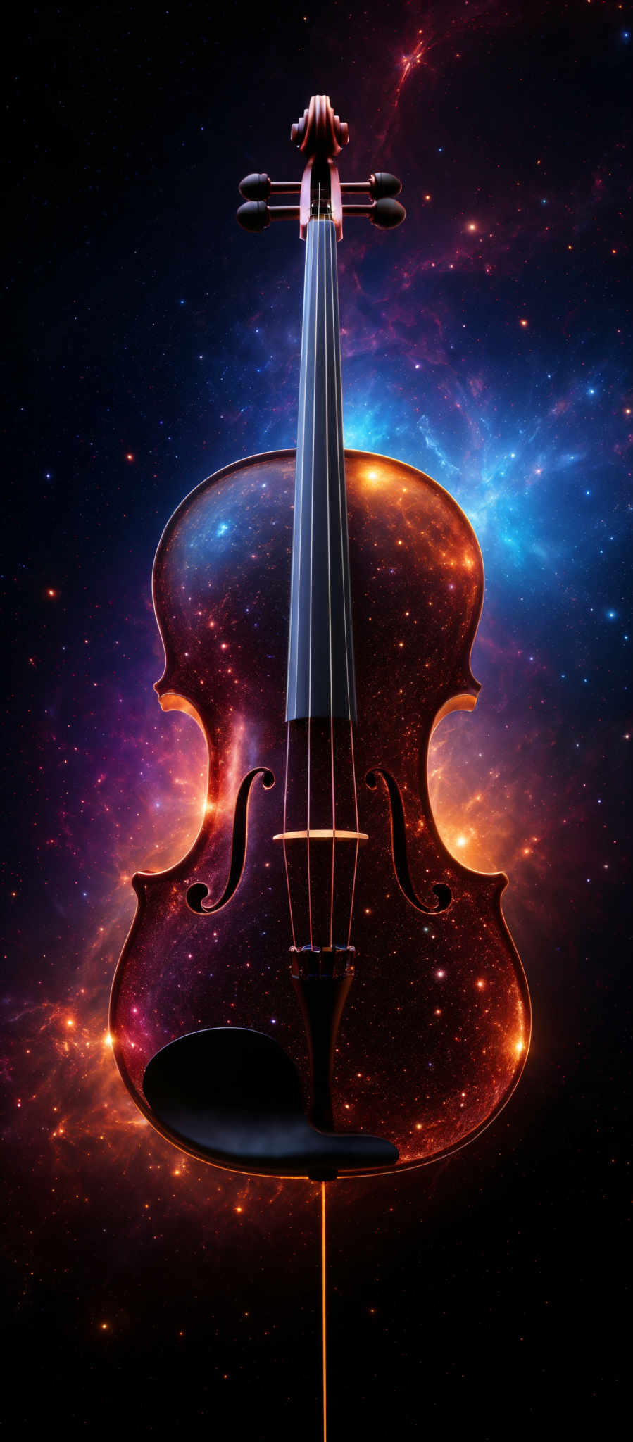 The image showcases a violin that appears to be made of a shimmering, reflective material. The violin is set against a cosmic backdrop filled with vibrant hues of blue, purple, and orange, resembling a nebula or galaxy. The strings of the violin are illuminated, giving them a radiant appearance. The bow of the instrument is also glowing, complementing the overall ethereal theme of the image, suggesting a connection between music and the universe.