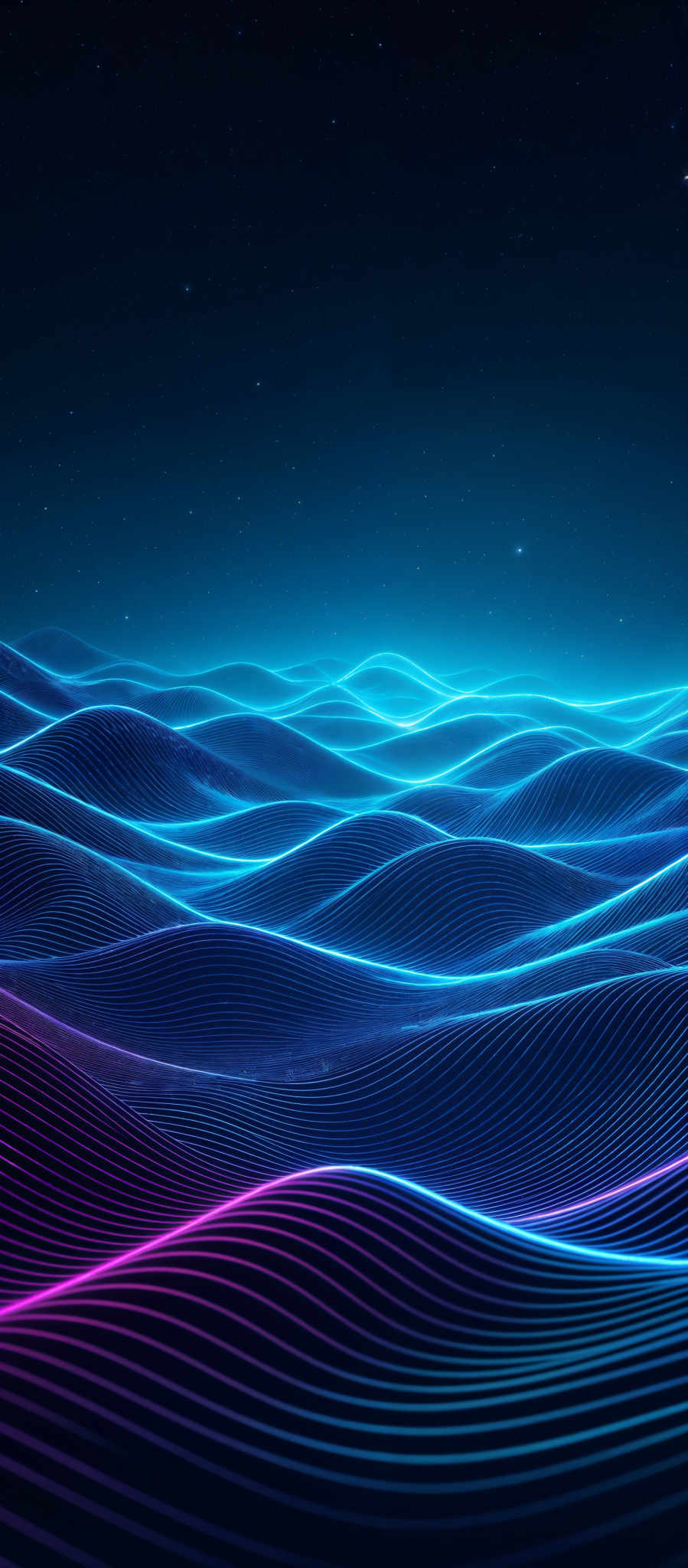 The image showcases a vibrant digital landscape with undulating waves of neon-colored lines. The dominant colors are shades of blue and pink, creating a mesmerizing contrast against a dark, starry background. The lines form intricate patterns, reminiscent of sound waves or ripples in water, and they seem to be floating above a virtual terrain. The overall effect is both serene and dynamic, evoking feelings of movement and depth.