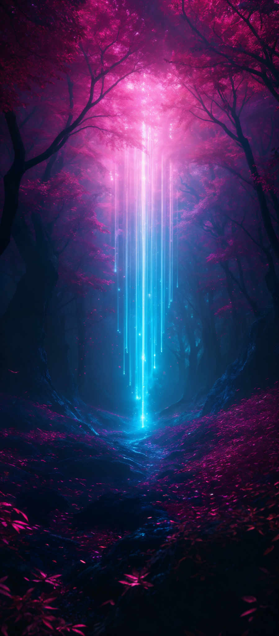 The image showcases a mystical forest with a vibrant pink hue dominating the scene. The trees have an intricate design with their branches reaching out in various directions. The ground is covered with fallen leaves, and there's a serene water body reflecting the ethereal light. Above, there're cascading beams of light that seem to emanate from a central point, illuminating the forest with an otherworldly glow.