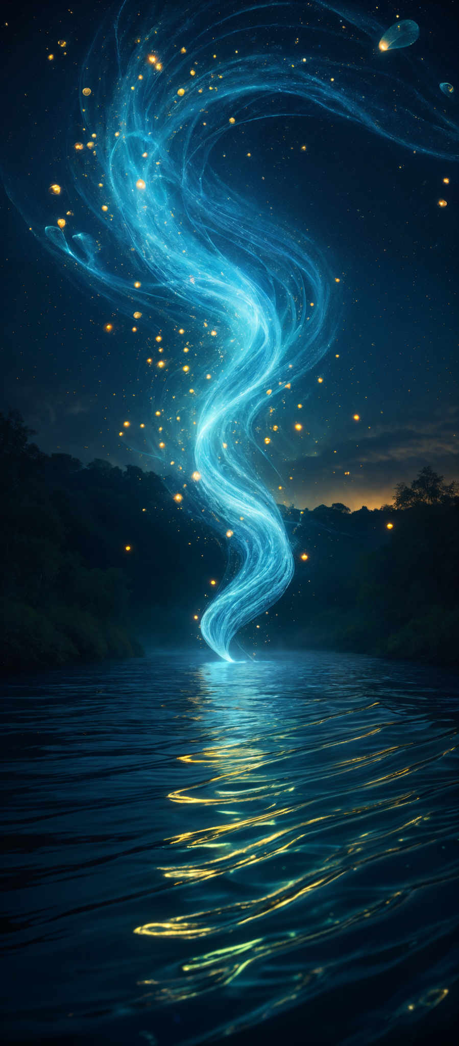 The image showcases a mesmerizing scene of a serene lake with a swirling, glowing blue vortex emanating from its center. This vortex is surrounded by numerous glow-in-the-dark orbs, giving it a magical appearance. The sky above is dark, dotted with stars, and there are silhouettes of trees on the horizon. The water reflects the blue hues of the vortex and the glow of the orbs.