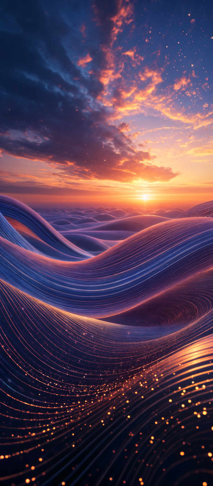 The image showcases a mesmerizing landscape with undulating, flowing patterns that resemble sand dunes or waves. These patterns are in hues of deep blue and purple, interspersed with golden specks that give the impression of sunlight reflecting off them. Above, the sky is painted in a gradient of colors, transitioning from deep blue at the top to a fiery orange and gold near the horizon, where the sun is setting. The clouds are tinged with the same warm colors, adding to the overall dreamy ambiance of the scene.