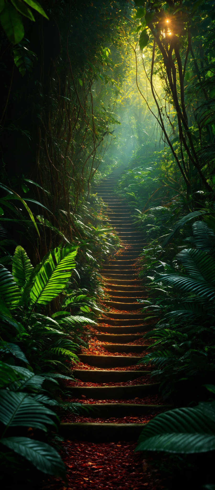 The image showcases a lush, verdant forest with a variety of green hues ranging from deep forest green to bright, almost neon green. The forest floor is covered with fallen leaves and small plants, giving it a rich, earthy tone. The trees have twisted and intertwined branches, creating a dense canopy overhead. Sunlight filters through the trees, casting dappled light on the forest floor and creating a serene, ethereal atmosphere.