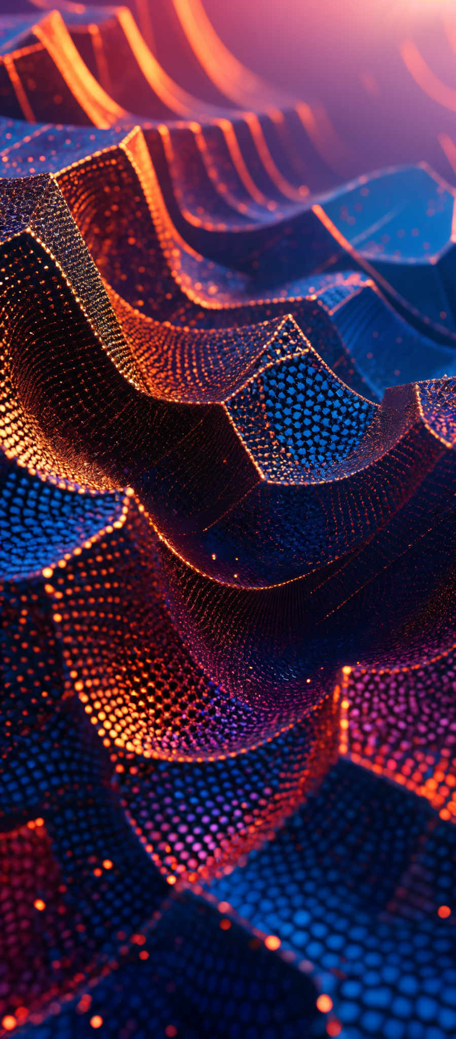 The image showcases a vibrant and intricate design with a blend of colors. The dominant colors are shades of blue, orange, and purple. The design consists of undulating, wave-like patterns made up of small, circular elements. These elements are densely packed and give the appearance of a shimmering, metallic surface. The overall effect is both mesmerizing and futuristic, reminiscent of digital or neon art.